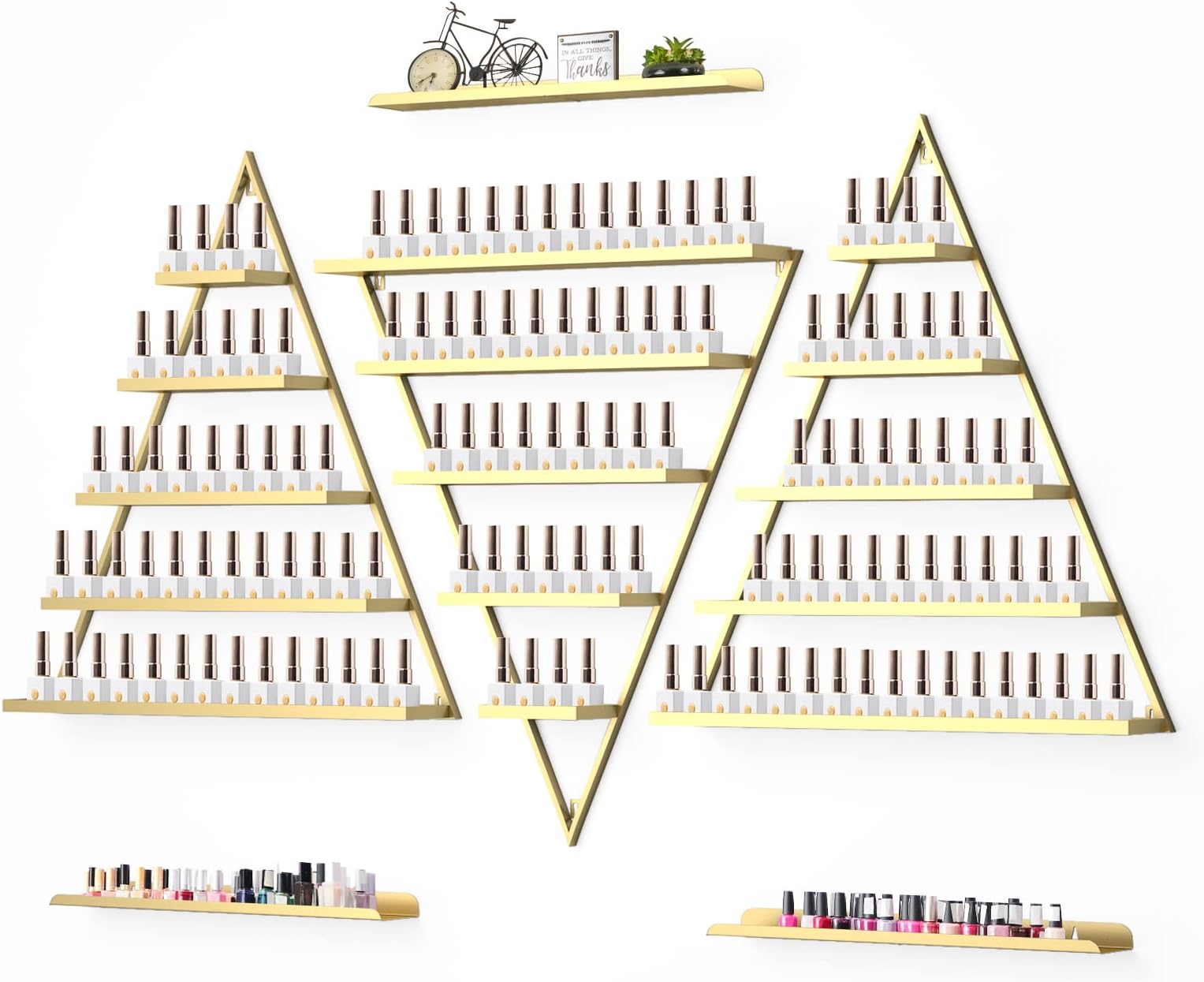 Kalolary Metal Wall-mounted Nail Polish Storage Racks 5 Tiers Gold Triangular Display Rack Cosmetic Display Cases Lipstick Perfume Wall Shelf Essential Oil Organizers for Home Spa Nail Salon Shop