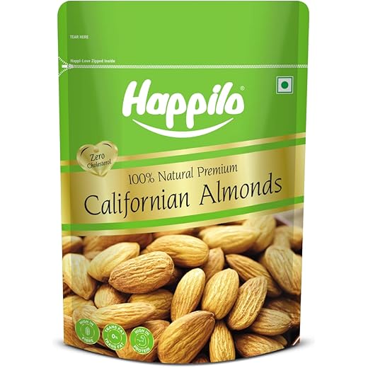 Happilo Premium Natural Californian Almonds 500g | Badam Giri, Healthy Snacks, Dry Fruits | Crunchy Nuts | High in Fiber | Rich in Protein | Magnesium | Phosphorus | Dietary Fibre | Zero Cholesterol
