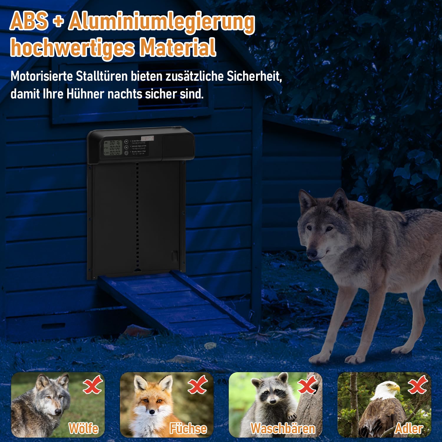 Herrselsam Automatische Hühnerklappe mit Timer/Manuell/Anti-Tamper Modus, elektrische Hühnerklappe automatisch mit Aluminiumlegierung Hühnertür, LED Display, Wasserdichter Türöffner für Hühnerstall