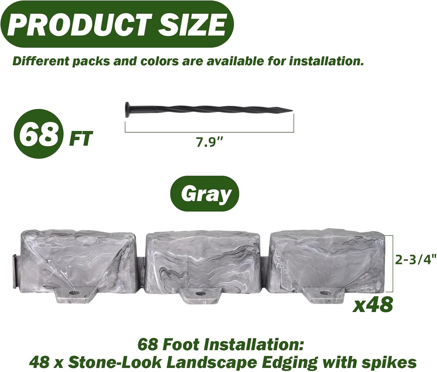 landscape edging faux stone garden edging border,2.75 in tall decorative stone-look garden border edging for flower bed,lawn,landscaped yard,tree and garden border,with anchor spikes,68ft,gray gray 68 foot installation: 48pk faux stone with spikes