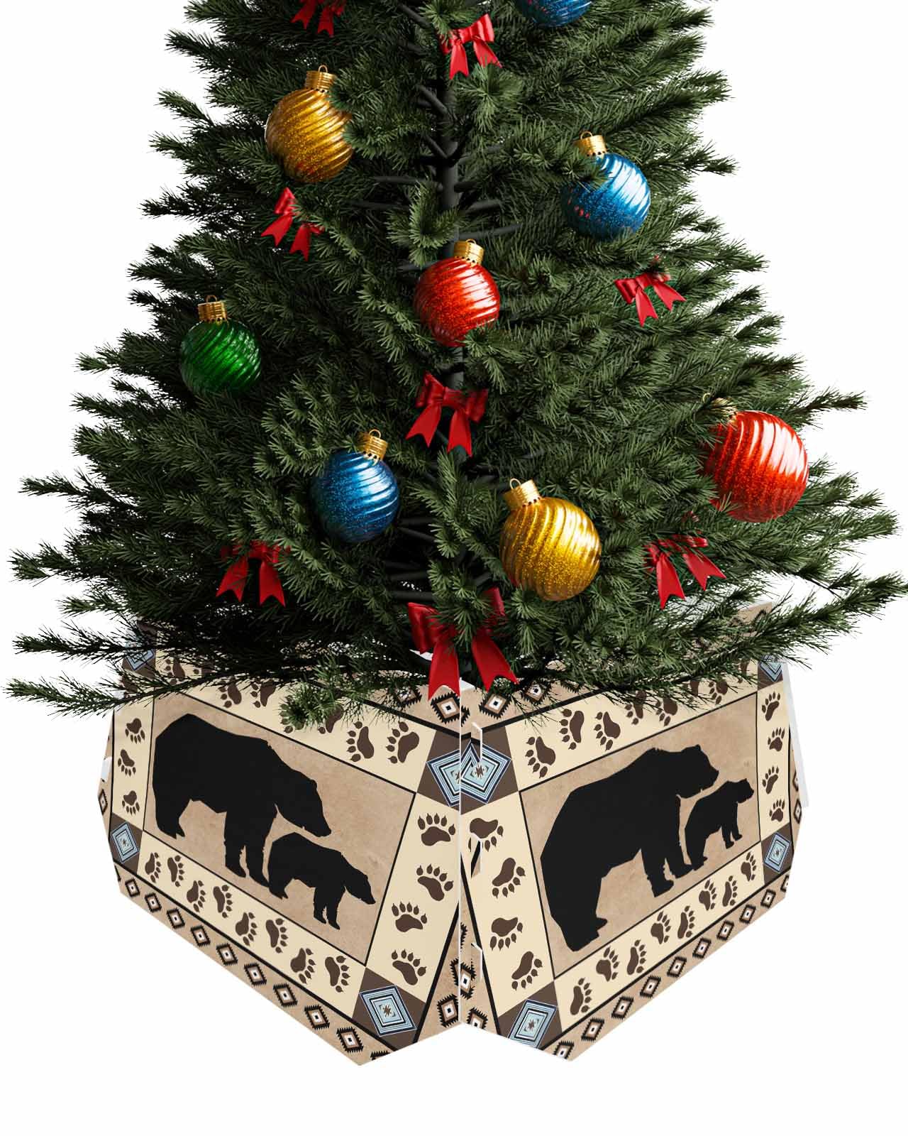 Fall Black Bear Christmas Tree Collar Tree Box Stand Cover,Aztec Boho Bohemian Autumn Retro Tribe Artificial/Pencil/Silm/Skinny Tree Ring 4 Packs Collapsible Tree Skirt for Christmas Tree,14.5"x10"