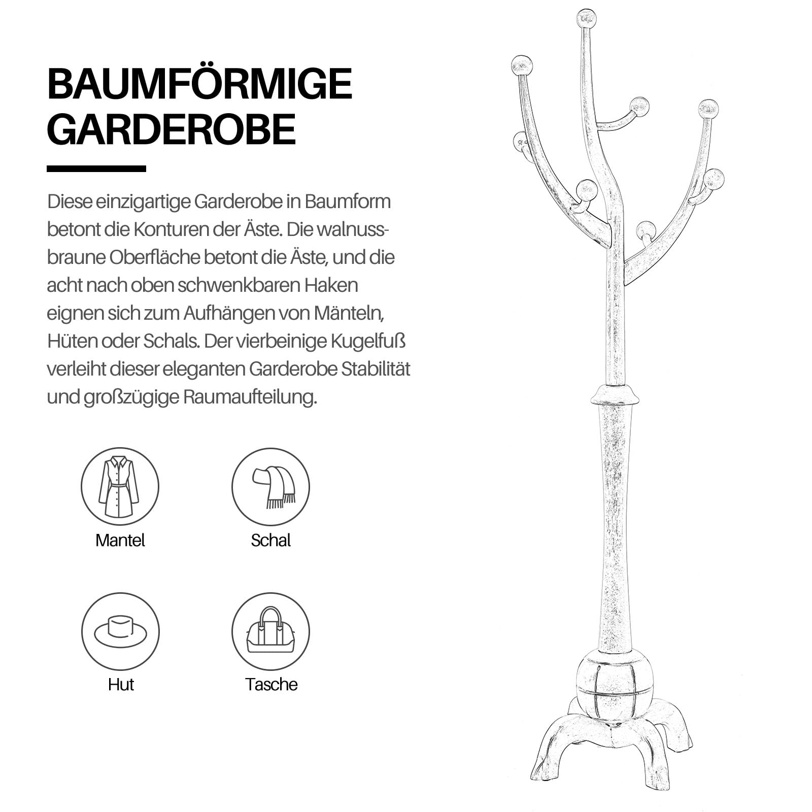 Bekrvio Porte Manteau sur Pied 180cm en Bois Massif 180cm, Brun Noyer | 8 Crochets Robustes, Bois D'hévéa Massif Premium, Base Large et Stable de 50 cm, Design Arbre Ingénieux et Fonctionnel