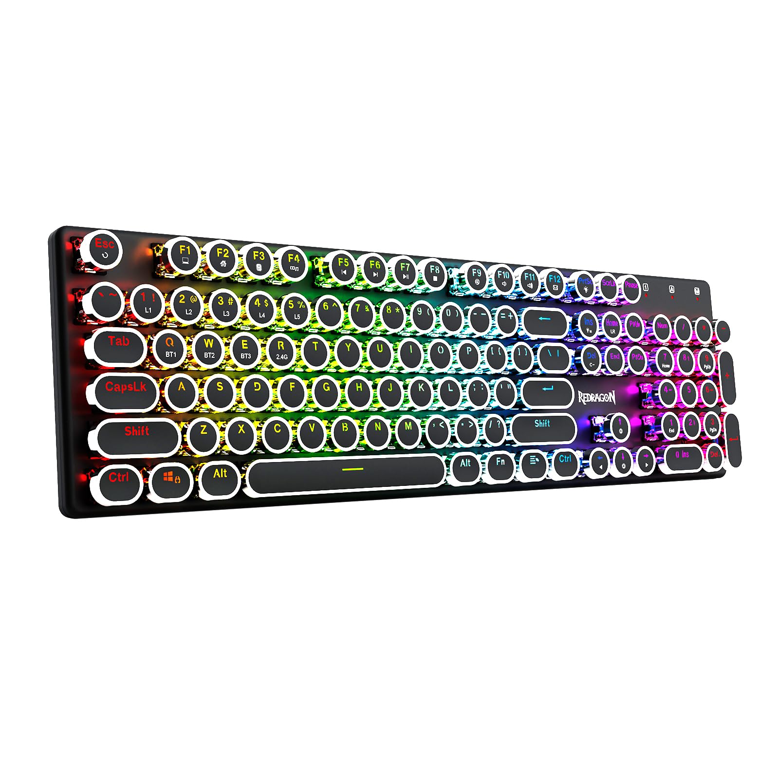 Redragon K710 Wireless Typewriter Style Mechanical Gaming Keyboard, Bluetooth/2.4Ghz/Wired, RGB Backlit, Rechargeable, Blue Switch - Clicky, Metal Panel, Round Keycaps, Black-image-25