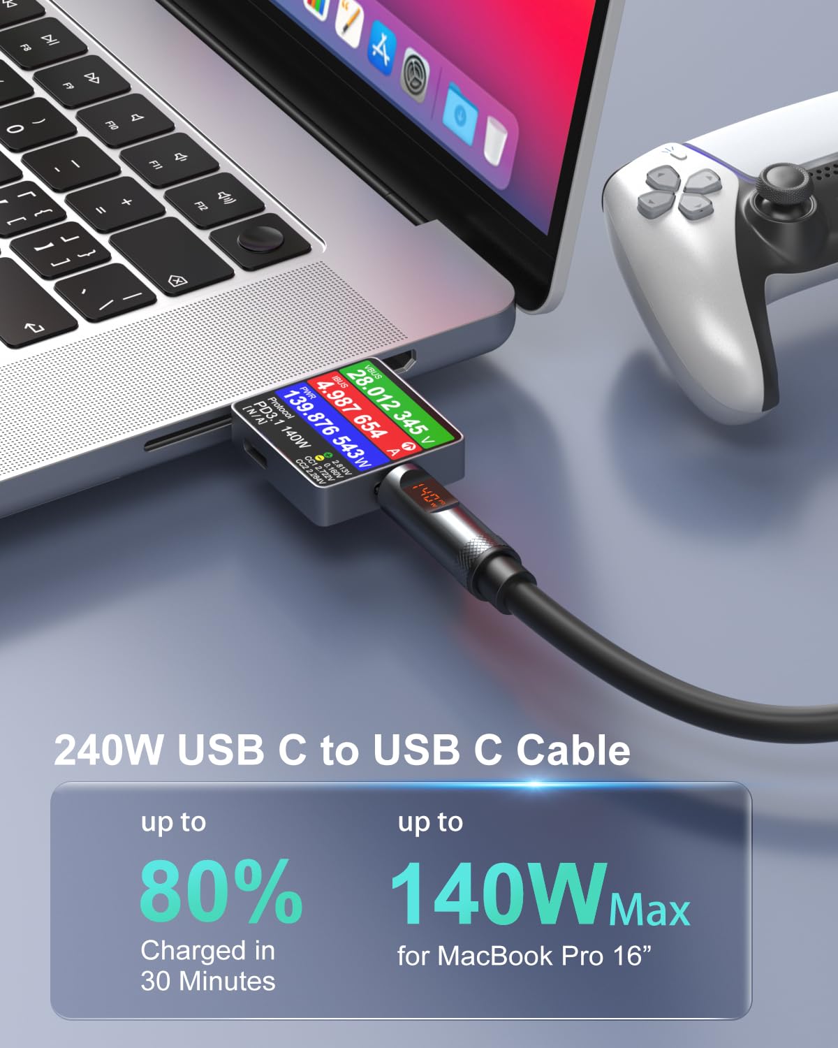 Cavo da USB C a USB C, 240 W, display a LED di tipo C, cavo di ricarica rapida per MacBook Pro, iPhone 17, 16, 15 Pro Max, Galaxy S25 Ultra, iPad, laptop, confezione da 5