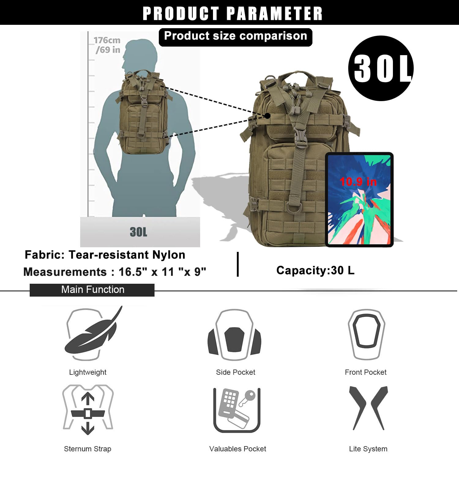 Miramrax Mochila táctica pequeña militar – Mochila de 30 L para hombre, mochila de asalto Molle, bolsa de insectos para senderismo y camping