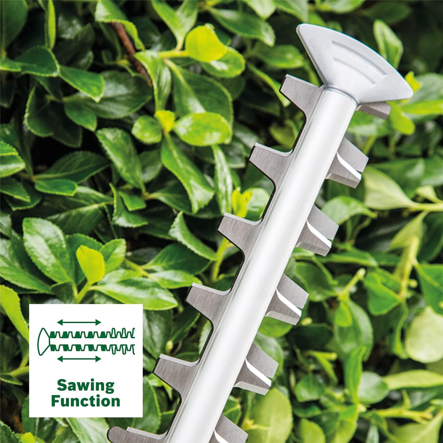Close-up of Bosch hedge trimmer blade showing sawing function