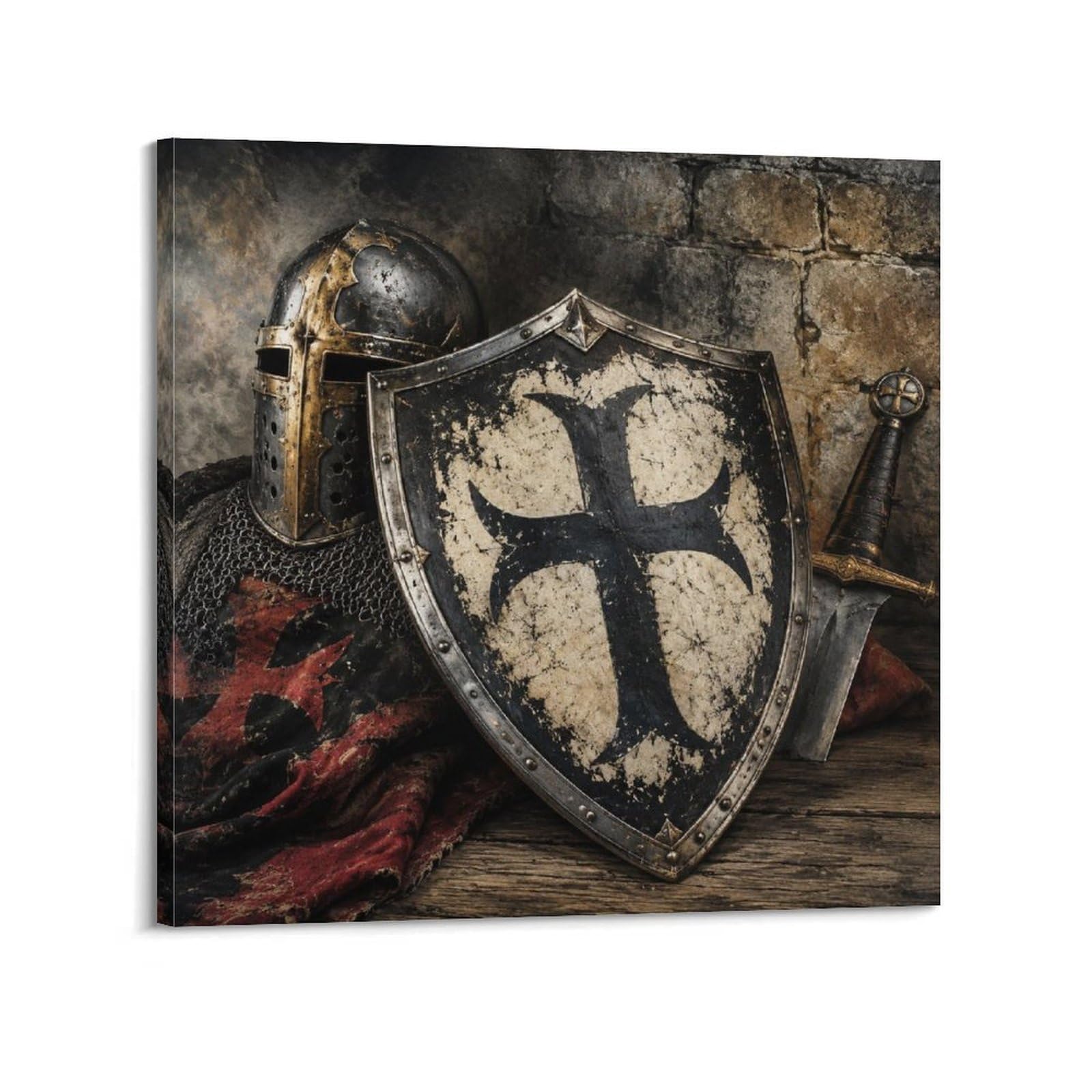 XKUGA Medieval Knight Enamel Poster Black Teutonic Shield Relic Modern Decorative Canvas Prints - Ideal Wall Art for Family, Man Cave, Game Room, Boys & Girls Bedroom 12x12inch(30x30cm)