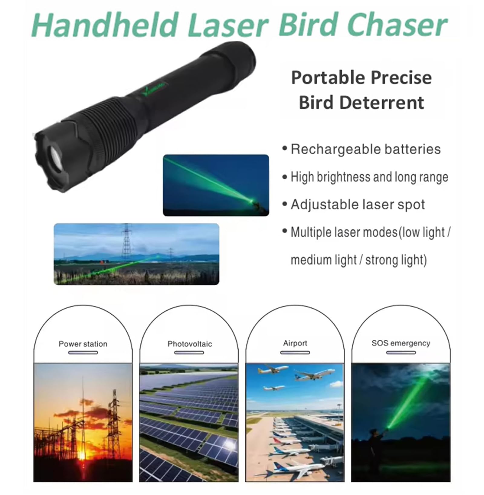 Linterna Portátil con Láser De Luz Verde para Ahuyentar Aves, Repelente De Pájaros Láser De Mano con Función De Linterna, Dispositivo Recargable para Ahuyentar Palomas Y Gorriones