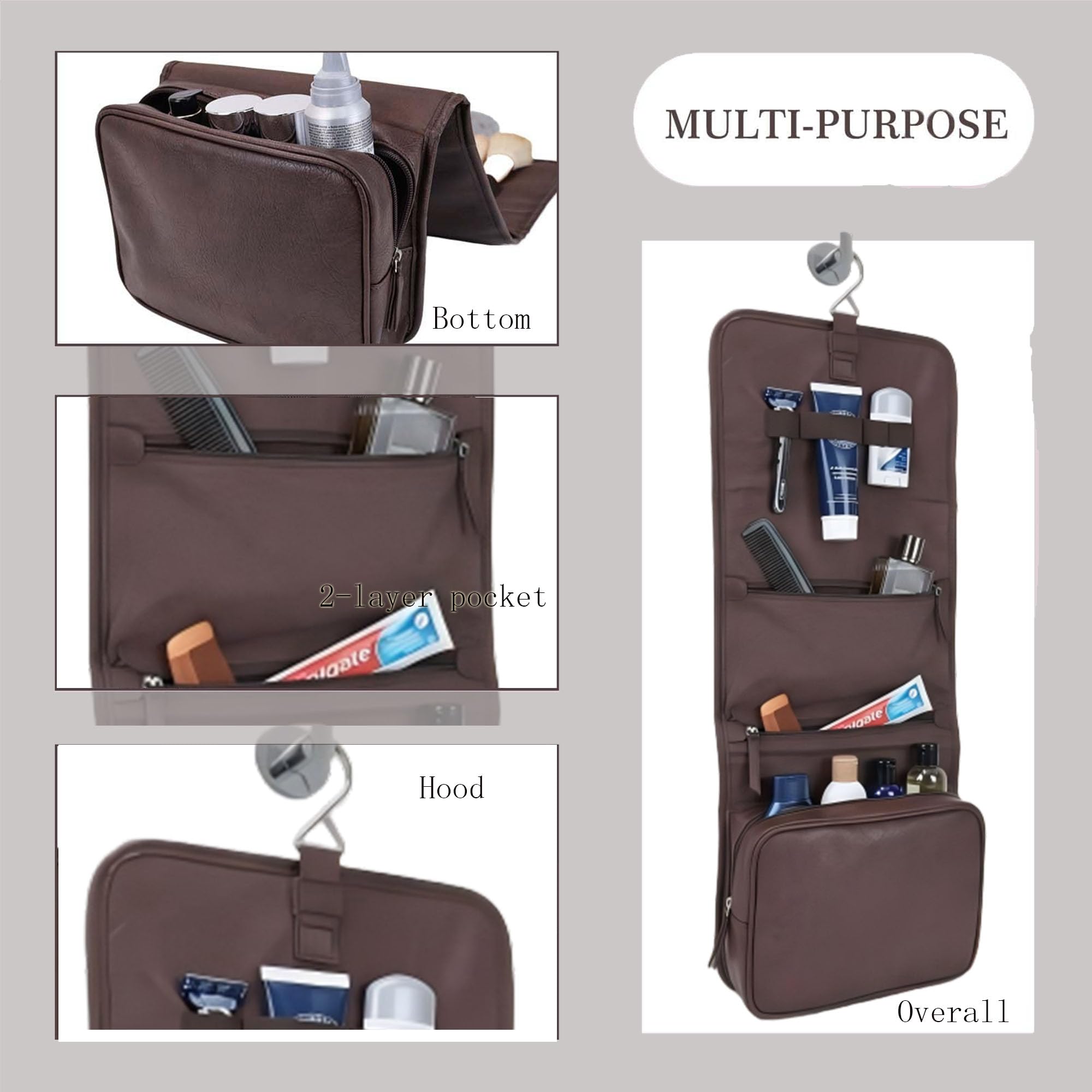 Neceser colgante de cuero para hombre, organizador de afeitado de viaje, bolsa de aseo plegable para artículos de tocador, maquinillas de afeitar, kit de dopp para viajes de