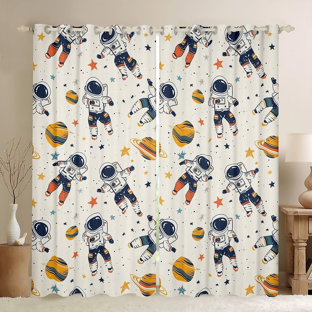 Homemissing Kids Astronaut Planet Stars Printed Curtains (2 Panels,W46*L54) For Boys Girls Bedroom Living Room Cartoon Outer Space 30%-50% Room Darkening Blackout Curtains Window Treatments