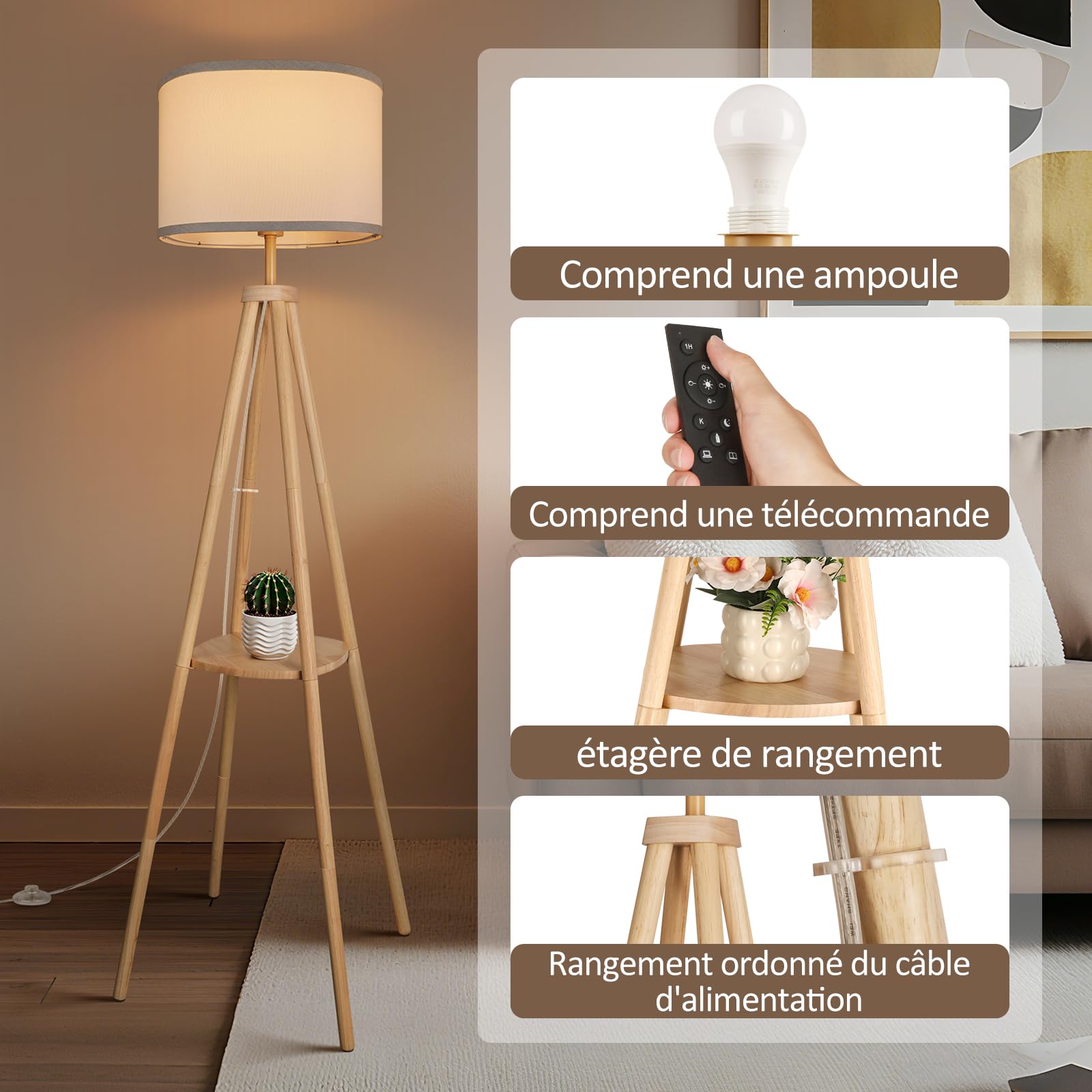 Stehlampe Wohnzimmer mit Regal Stehlampe Dimmbar 2700K-6500K Holzgestell mit Ablagefläche und Fernbedienung Stehleuchte für Wohnzimmer Schlafzimmer Büro Holz