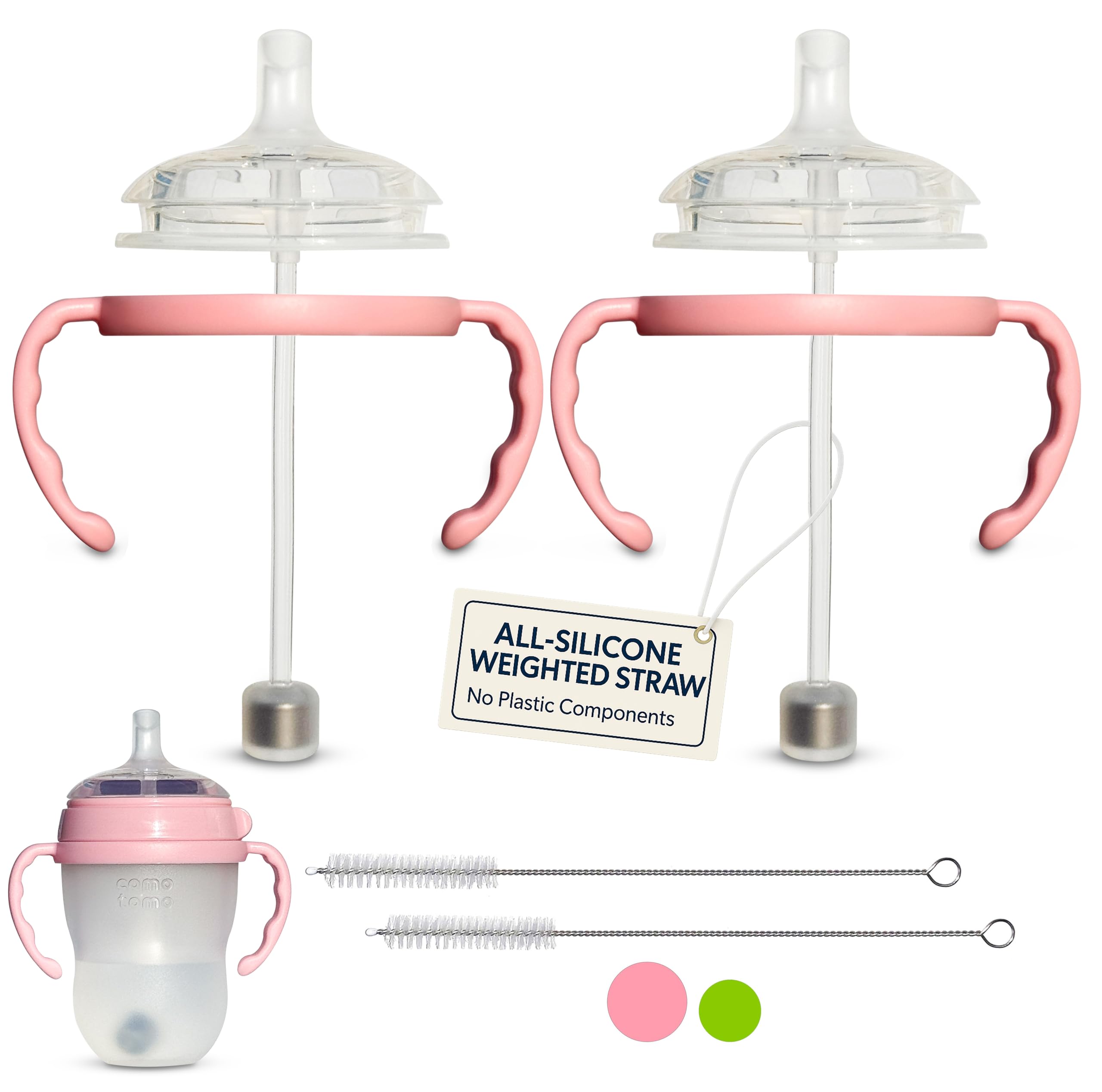 Straw Cup Conversion Kit for Comotomo Baby Bottles 2-Count, Food Grade Silicone Straw Top Nipples, All Silicone Weighted Straw, Bottle Handles,