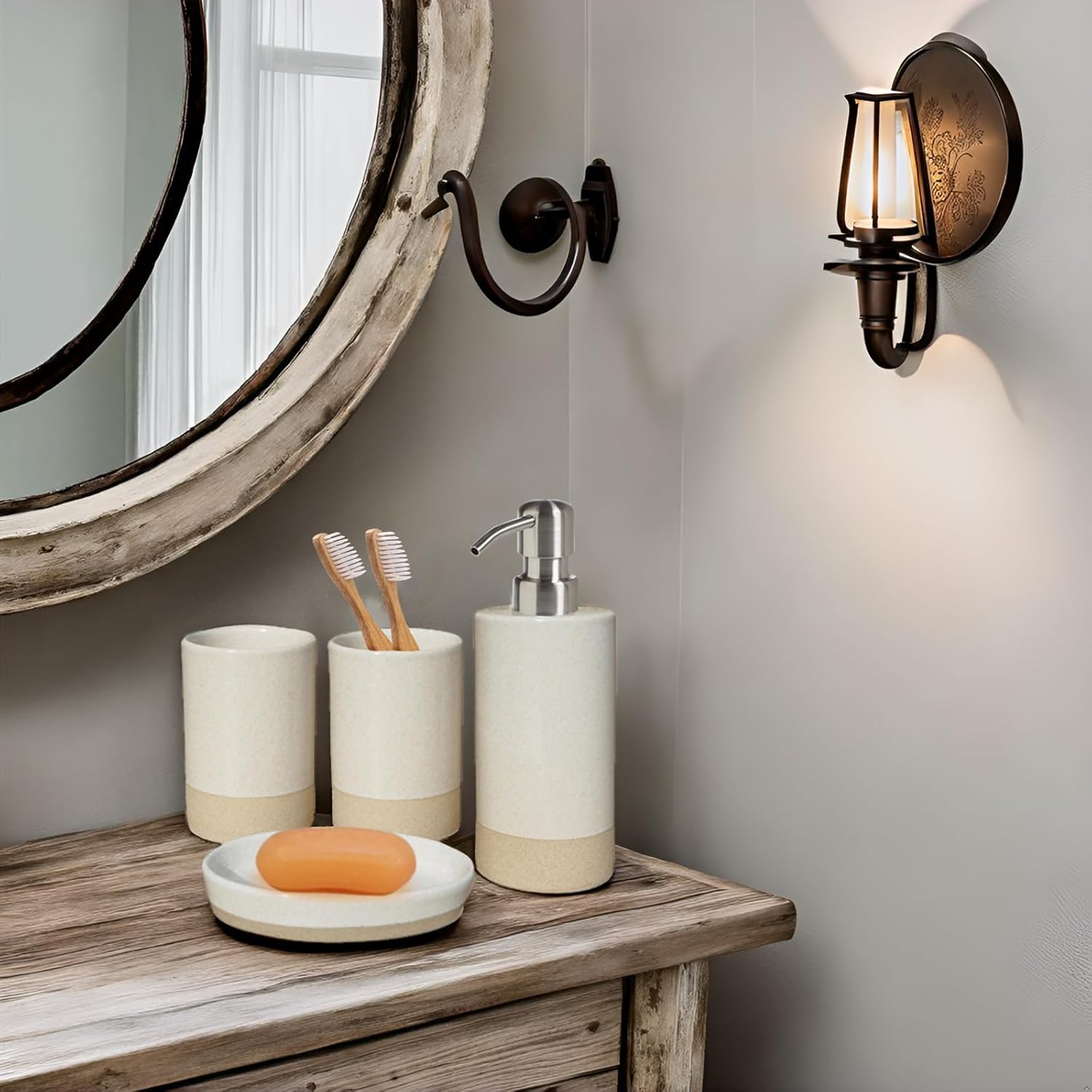 Bathroom Accessories Set 4, Beige Soap Dispenser for Bathroom, Toothbrush Holder,Tumbler Cup and Soap Dish, New Apartment Essentials, Modern Beige Bathroom Décor (Rustic)