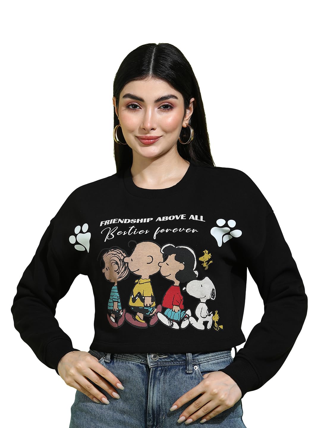 Women’s Black Printed Oversized Cropped, Round Neck, Long Sleeves Sweatshirt-image-5