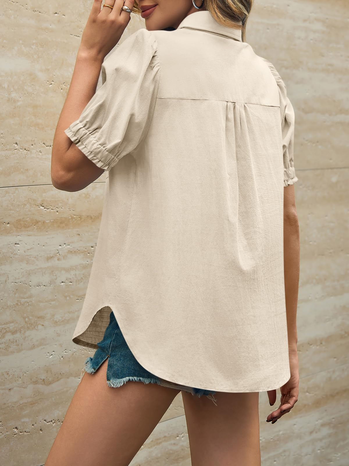 Cicy Bell Blusa con botones para mujer, manga puf, cuello en V, camisas informales con bolsillo en el pecho