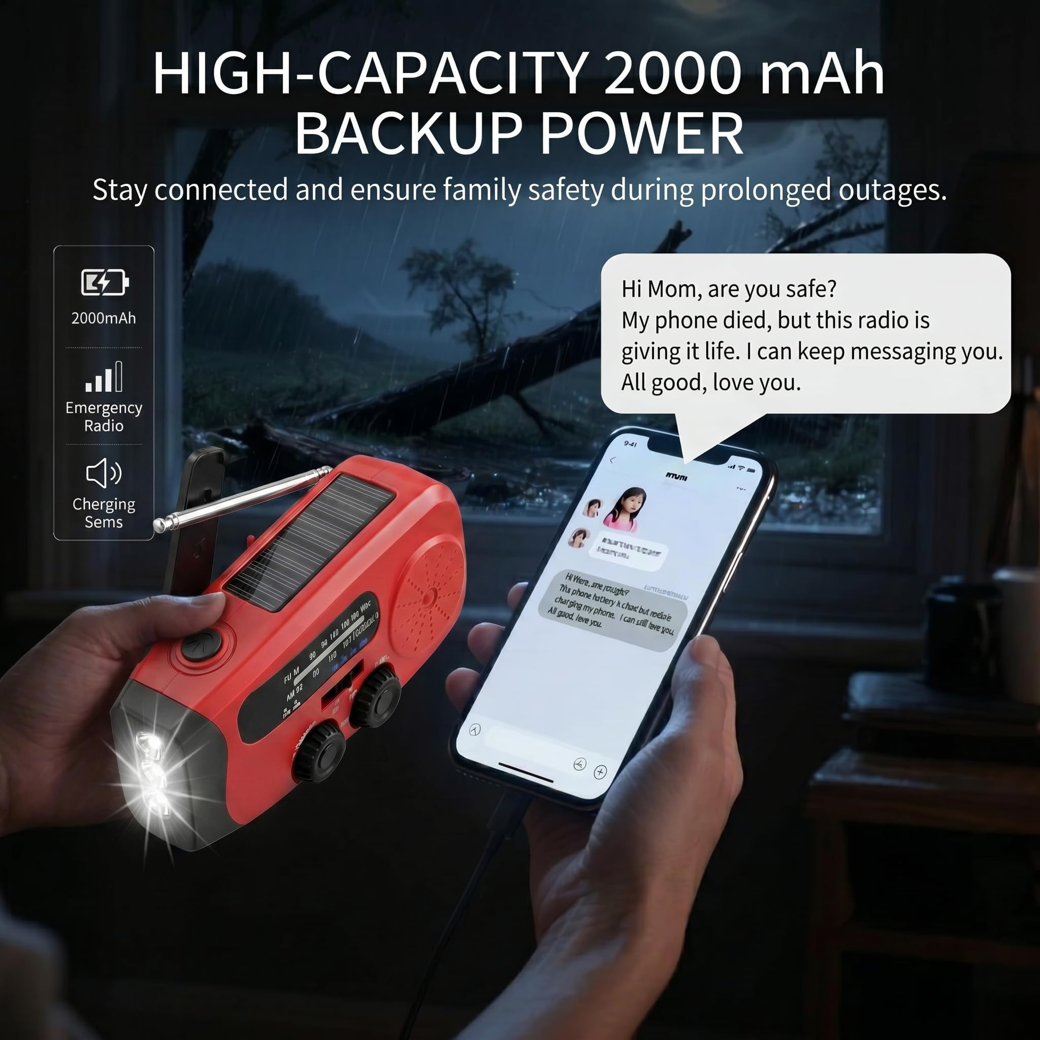 Emergency Radio Solar Kurbelradio con 3LED Linterna, 2000mAh Powerbank y SOS-Alarm – Radio Portátil para Kit de Emergencia Familiar, Camping, Aire Libre, Huracán, Terremotos