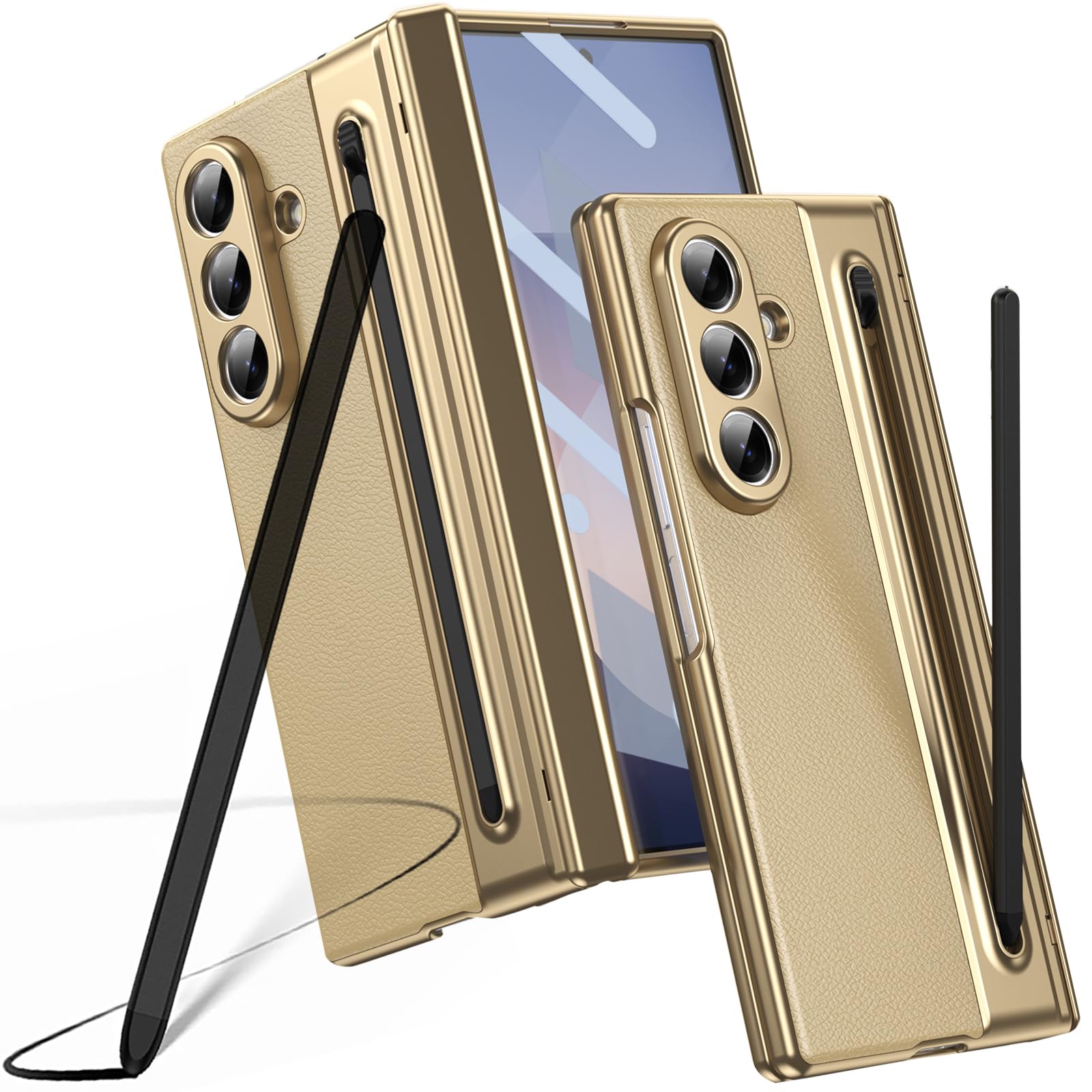 Custodia per Galaxy Z Fold 7, Protezione cerniera Samsung Fold7 cover, custodia Samsung Galaxy Z Fold7 con pellicola protettiva per lo schermo + Penna stilo + portapenne-Oro
