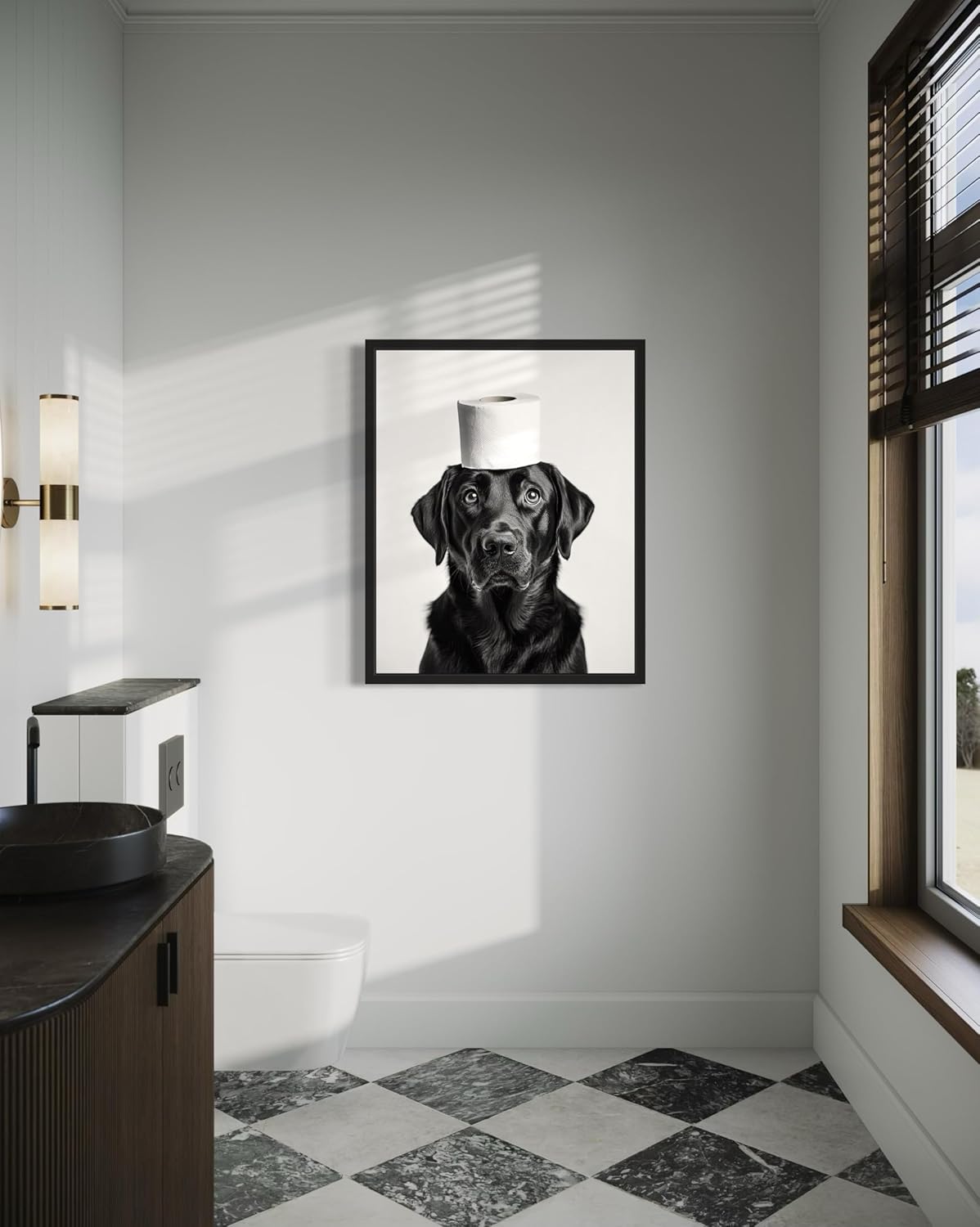 Labrador Retriever Funny Bathroom Wall Art Print Poster, Dog Pet Lover Picture Painting Artwork Bedroom Living Room Office Dining Room 151E (Labrador Retriever Funny Bathroom, 18 x 24 inches, Black Frame)