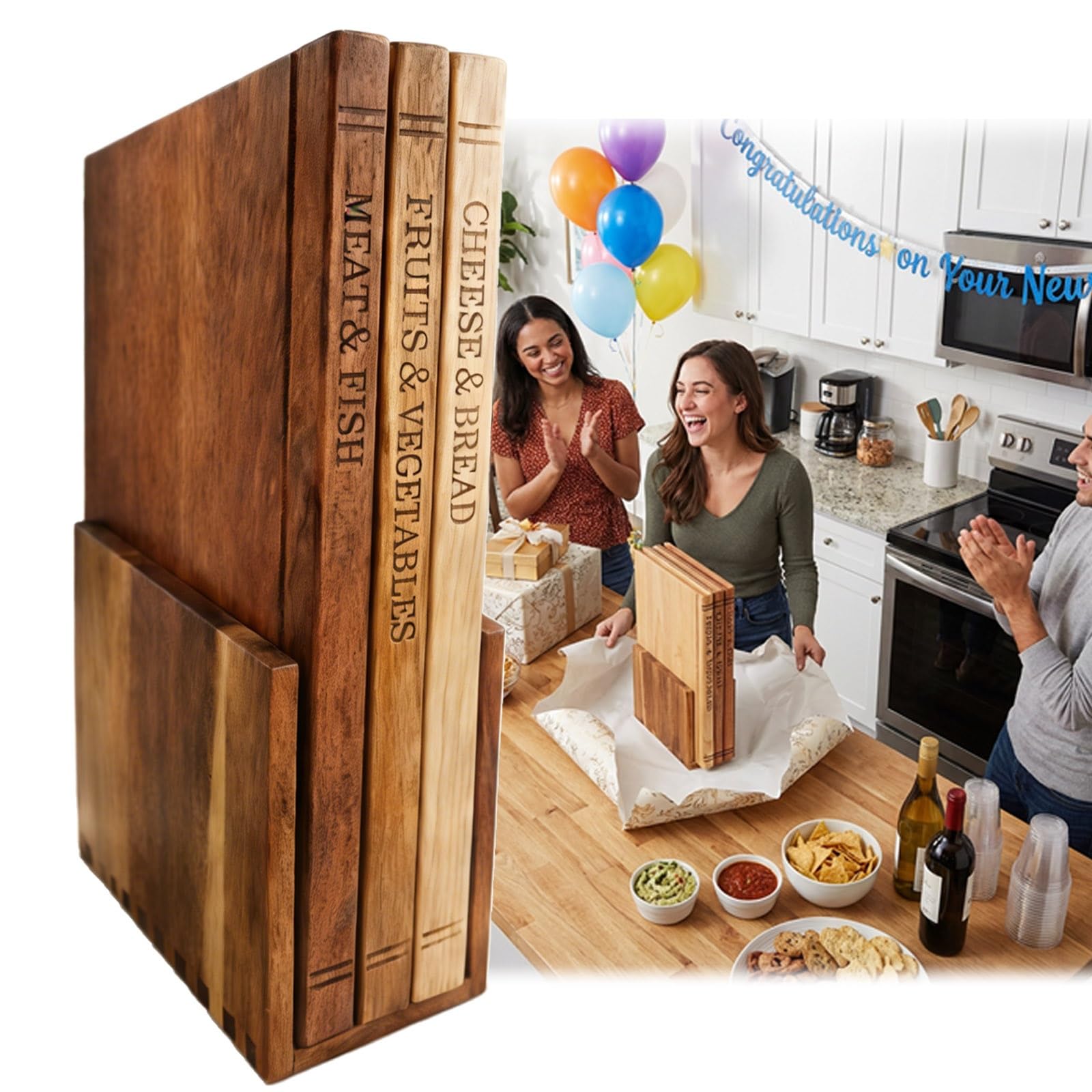 Lot de 3 Planches à Découper en Bois Massif Design Livre, Sapele, Acacia & Hévéa – 33x25.5cm Extra Épaisses avec Icônes Alimentaires, Inclus Support, Idéal pour Viande, Légumes, Fromage & Pain
