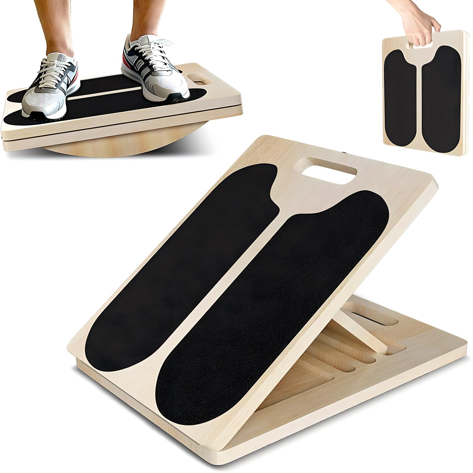 2-in-1 Wooden Balance Board & Slant Board, 5 Position Adjustable, Calf Stretch & Core Strength Training Wobble Board, Non-Slip Balance Board for Home, Gym, Outdoor Use