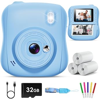 Hangrui Children's Camera Instant Camera 14MP Instant Camera Children with 32G Card & Printing Paper 1080P Camera Children Instant Print with Coloured Pens Gift for 3-12 Boys and Girls Blue