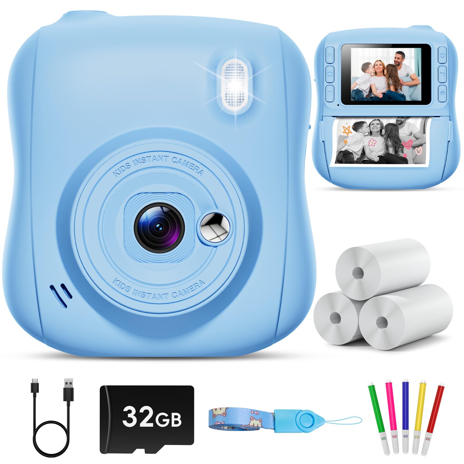 Hangrui Kinderkamera Sofortbildkamera, 14MP Sofortbildkamera Kinder mit 32G Karte & Druckpapier, 1080P Kamera Kinder Sofortdruck mit Farbige Stifte, Geschenk für 3-12 Jungen und Mädchen-Blau