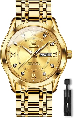 OLEVS Relojes clásicos de acero inoxidable, reloj de cuarzo de cara grande para hombre, fácil de leer, resistente al agua, con día y fecha, esfera