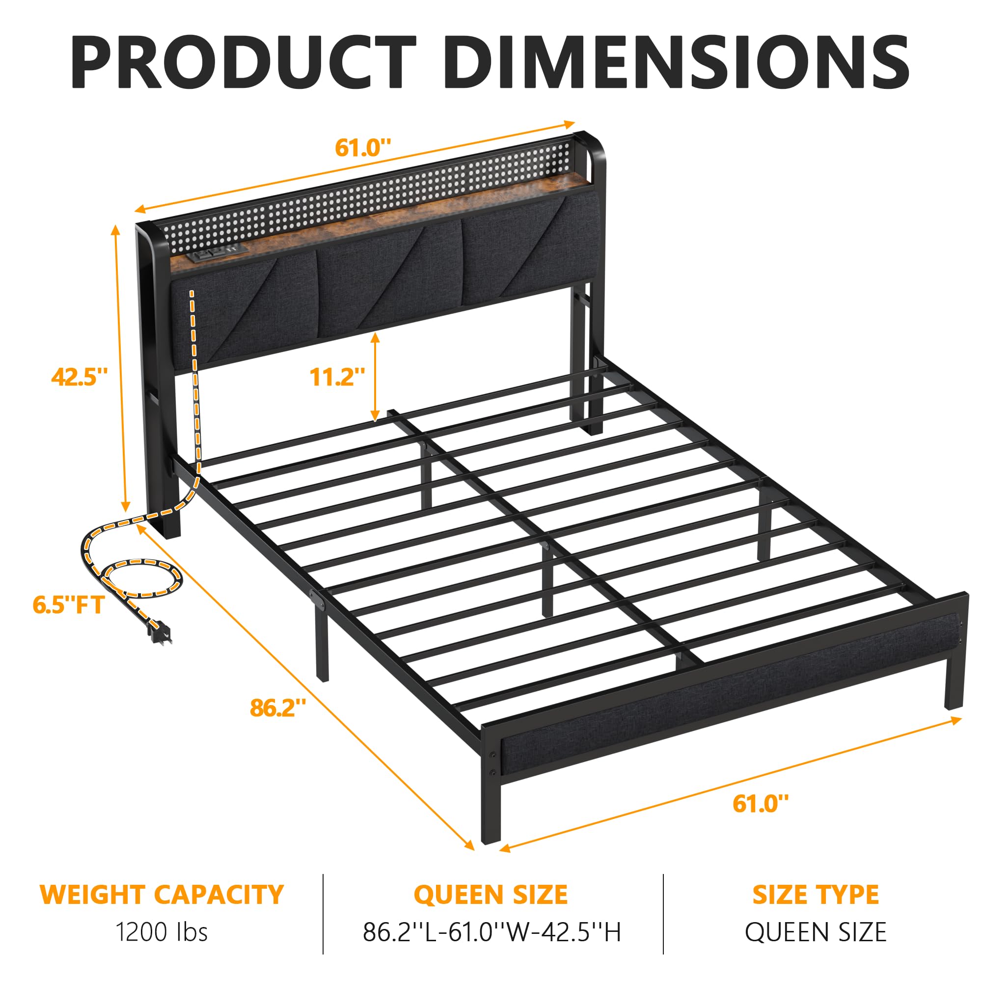 Furnulem Queen Size Bed Frame with LED Lights,Upholstered Storage Headboard with Charging Station and USB Port, Platform Bedframe Queen No Box Spring Needed, Noise Free,Heavy Duty Metal Slats Support