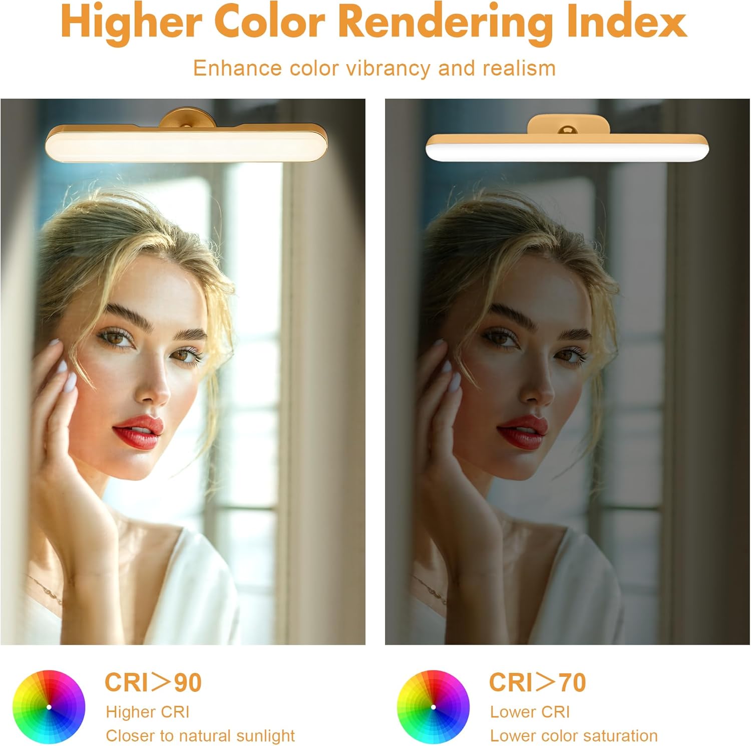 Set of 2 Wireless Vanity Makeup Lights for Mirror, Rechargeable LED Stick On Light Bar for Bathroom Mirror with Dimmable 3 CCT, Long Battery Life Cordless Light for Vanity Desk(Gold)