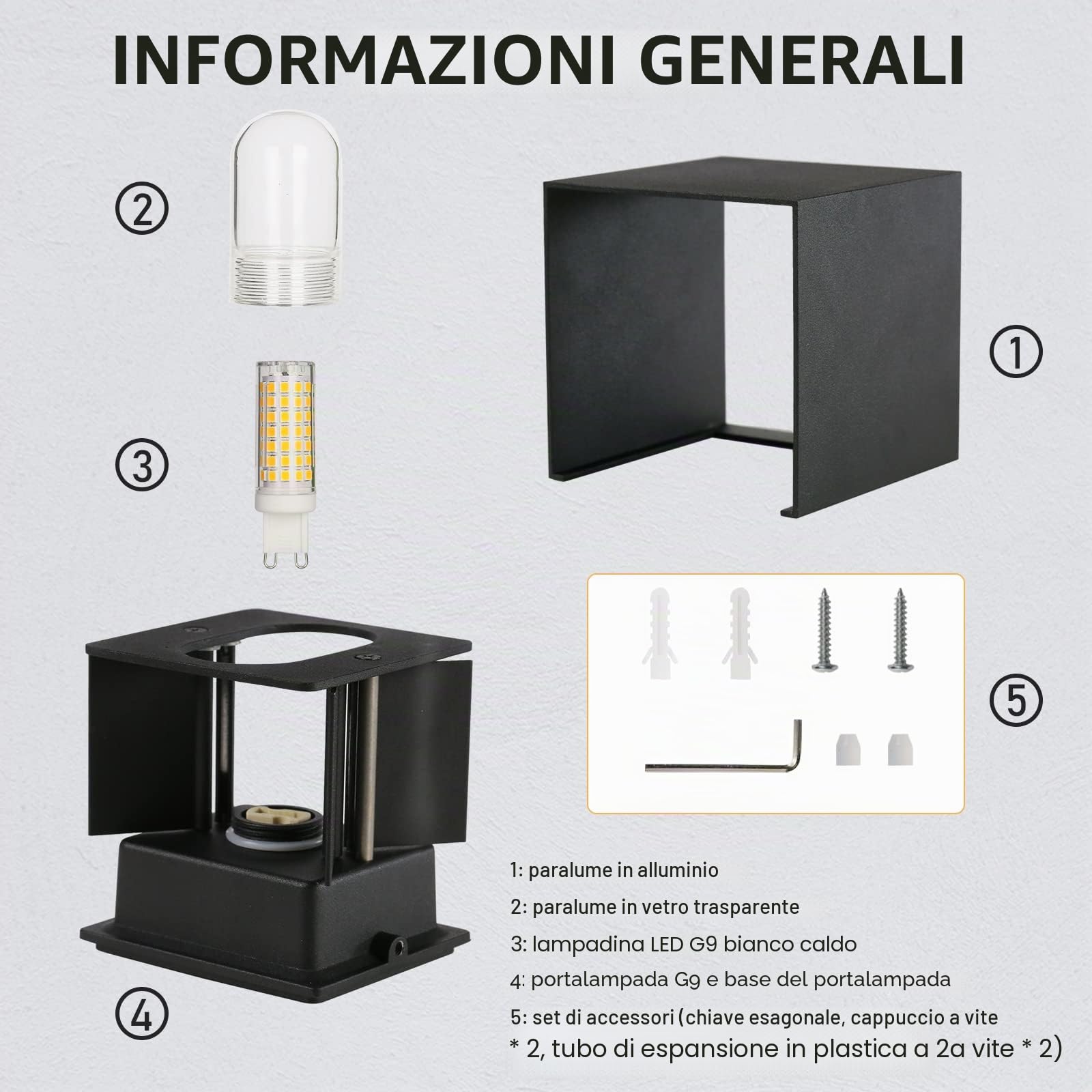 Lureshine 2 Pezzi Applique Lampadine G9 Sostituibili Applique da Parete Interno Angolo del Fascio Regolabile Bianco Caldo 3000K IP65 Applique Esterno in Alluminio per Camera da Letto Soggiorno Bagno