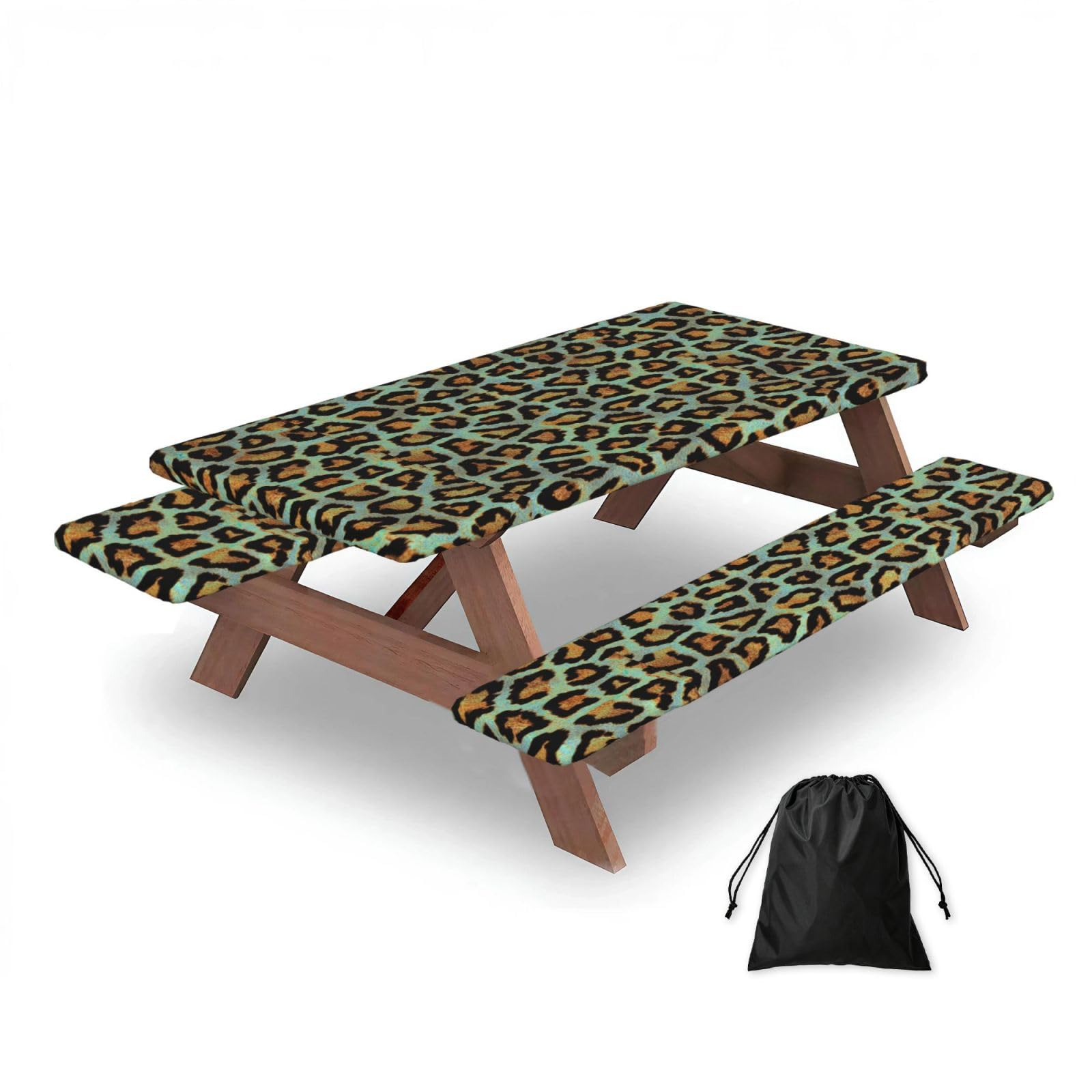 Dopklna As Picture Teal Leopard Chic Animal Print, Picnic Table Cover With Bench Covers -Waterproof Elastic Fitted Tablecloth For Garden Camping Patio 76X152cm
