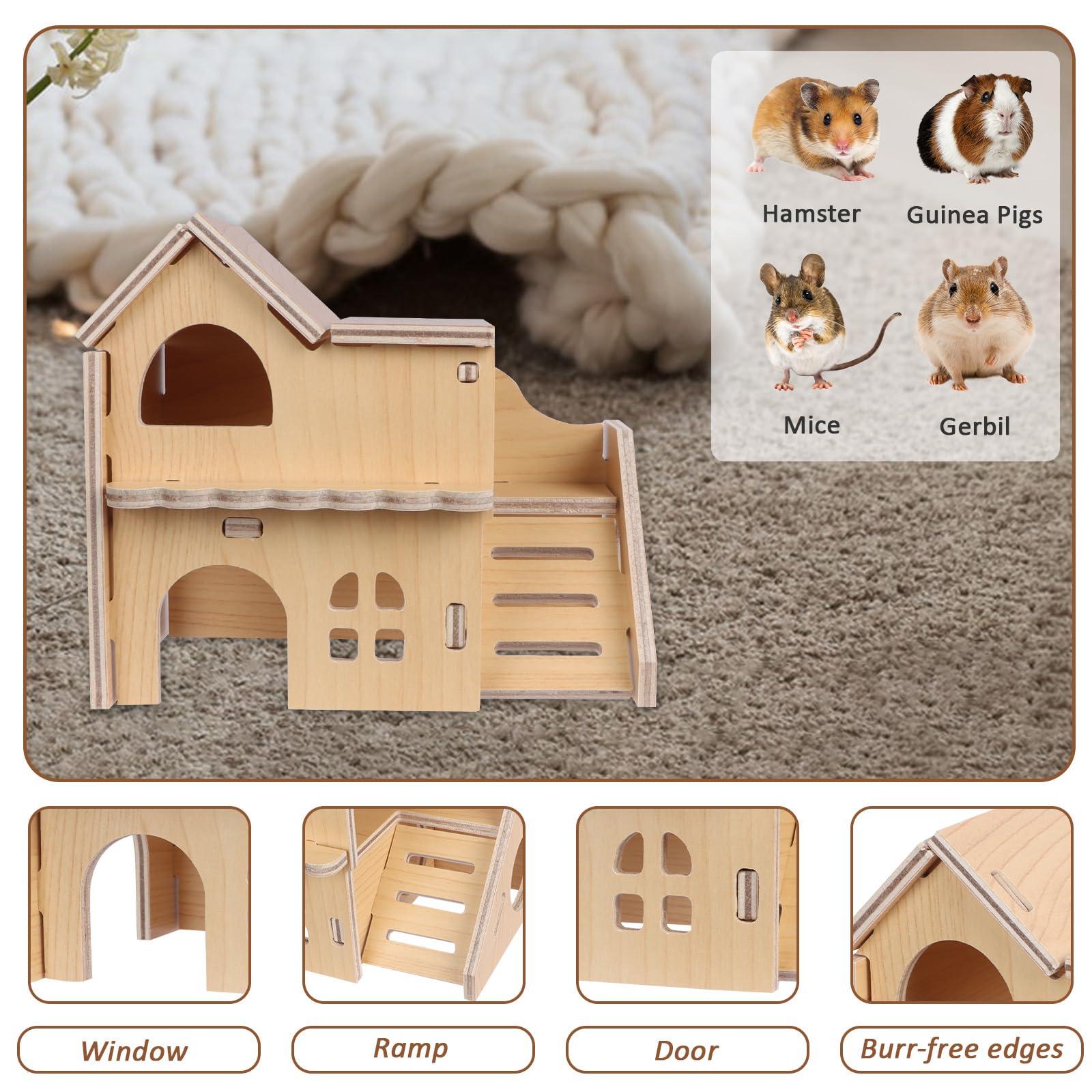 Lollanda Wooden Hamster House, Wooden Guinea Pig House, Small Animal Hideout for Hamsters Guinea Pig Gerbils- Small Pets - Image 3