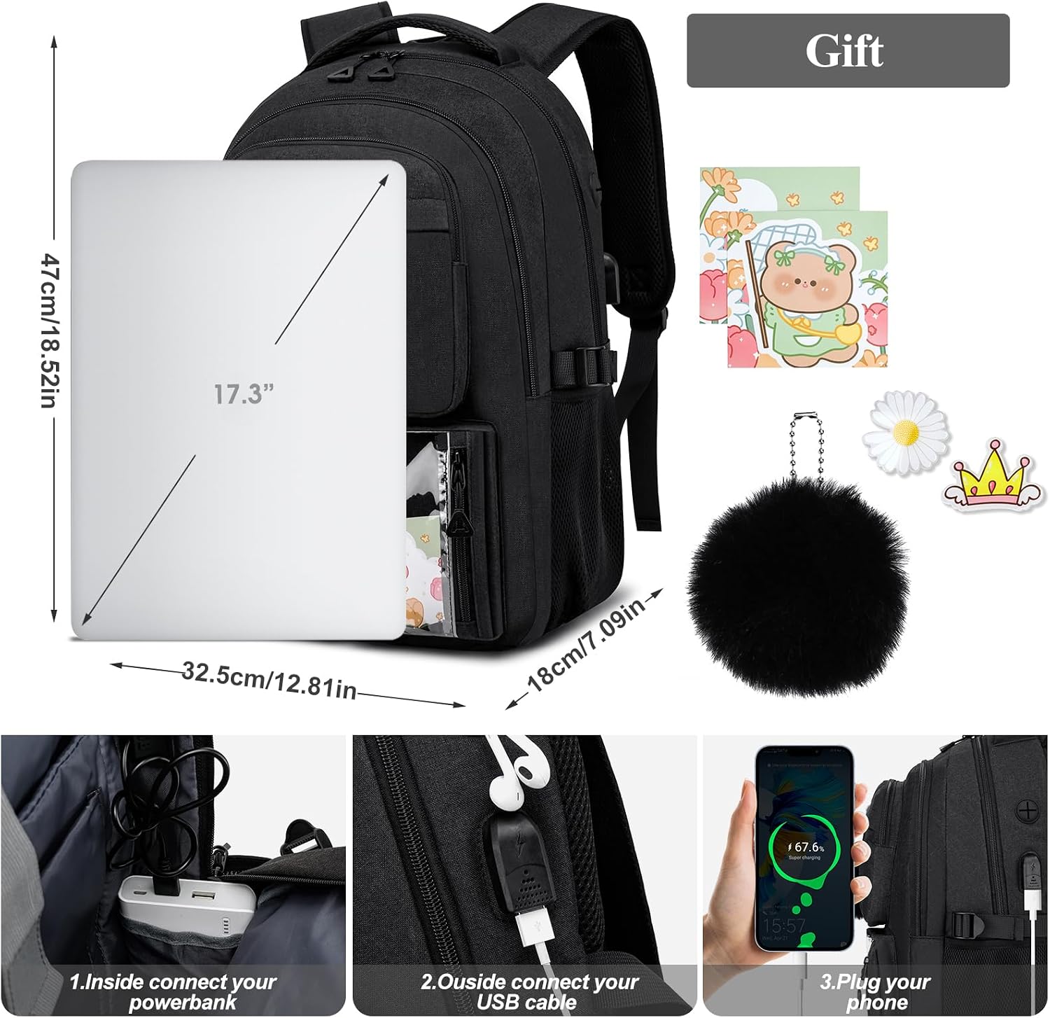 kadilong 17.3 Inch School Backpacks for Teen Girls Bookbag for Middle School College Students, Cute Backpacks for Women Laptop Bag Back Pack School Bag for Travel Mochilas Escolares (Black, 17.3in)