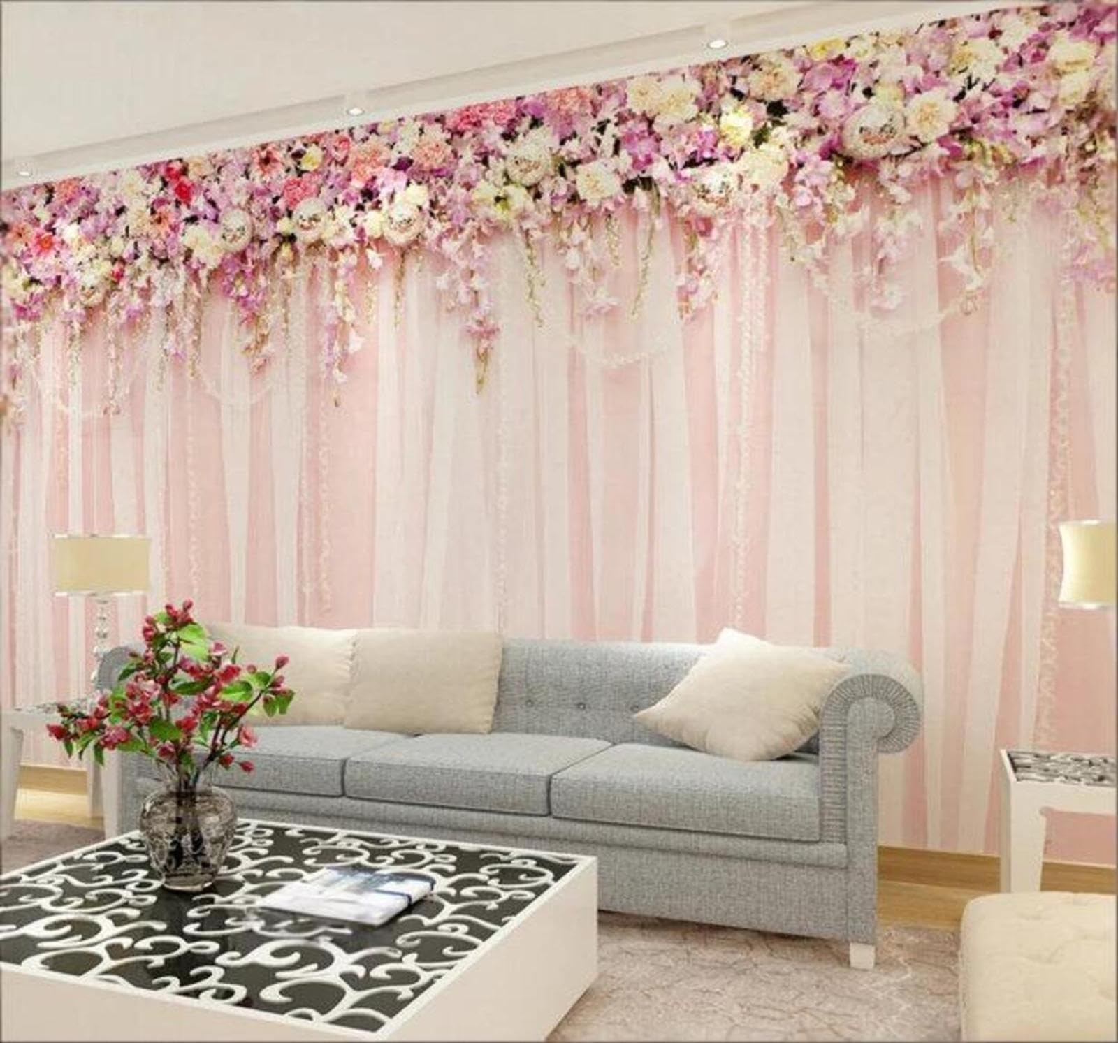 Wallpaper-3D-Xlm 300Cm×210Cm(B×H) Elegant Pink Flowers Wedding Curtains 3D Wallpaper Easy Install Feature Office Living Room Sofa Bedroom Tv Background Wall Decoration-300Cm×210Cm