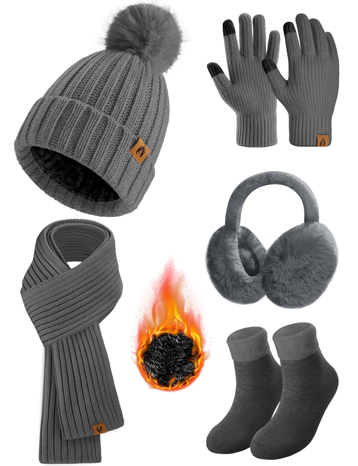 UMIPUBO Set di 5 cappellini da donna, sciarpe, guanti touch screen, calzini soffici