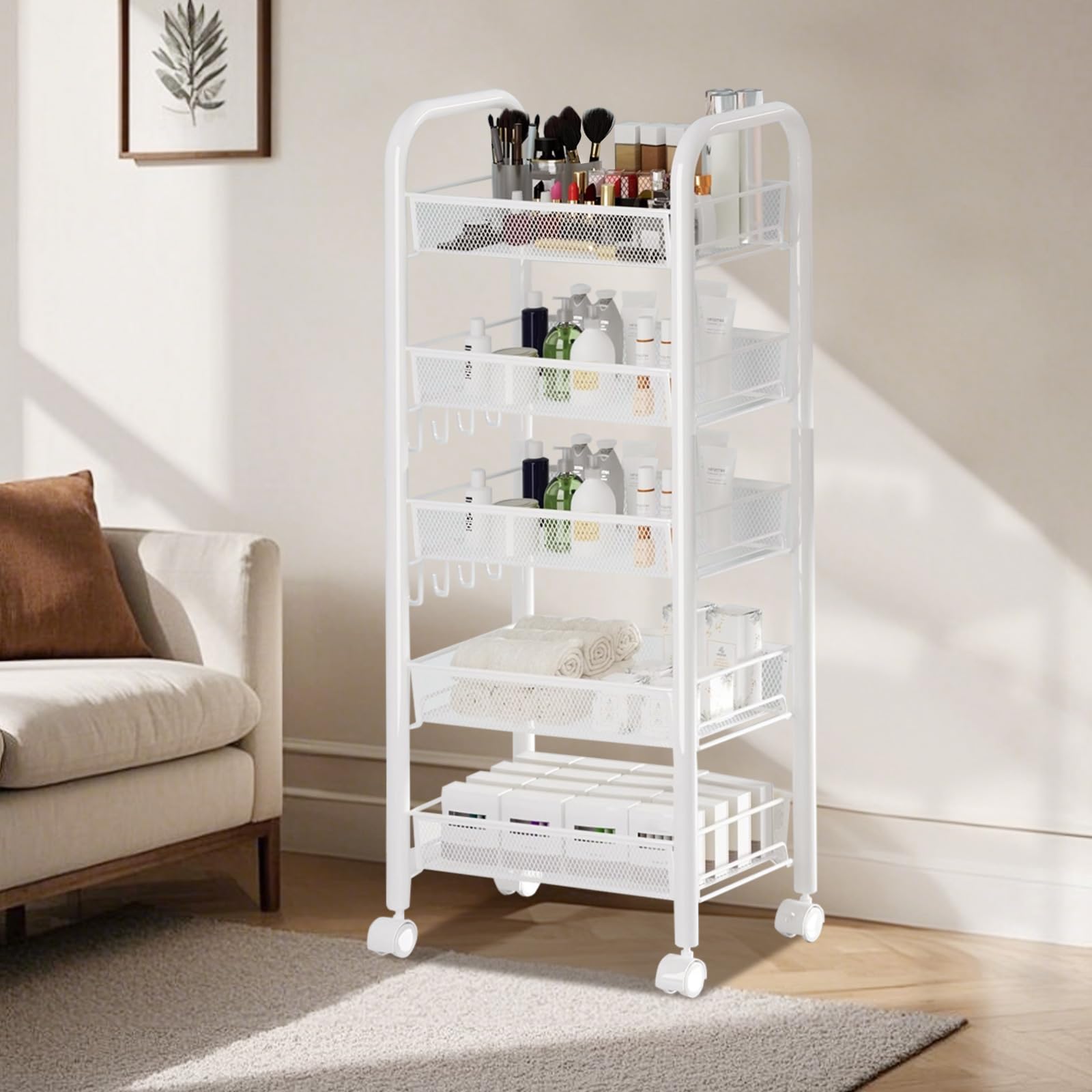 Desserte Roulante 5 Niveaux, 44 x 26 x 102 cm, étagère à Légumes, Chariot de Rangement étroit en Métal sur roulettes avec 4 Crochets, Chariot pour Fruits et Boissons, Panier en Maille Blanc