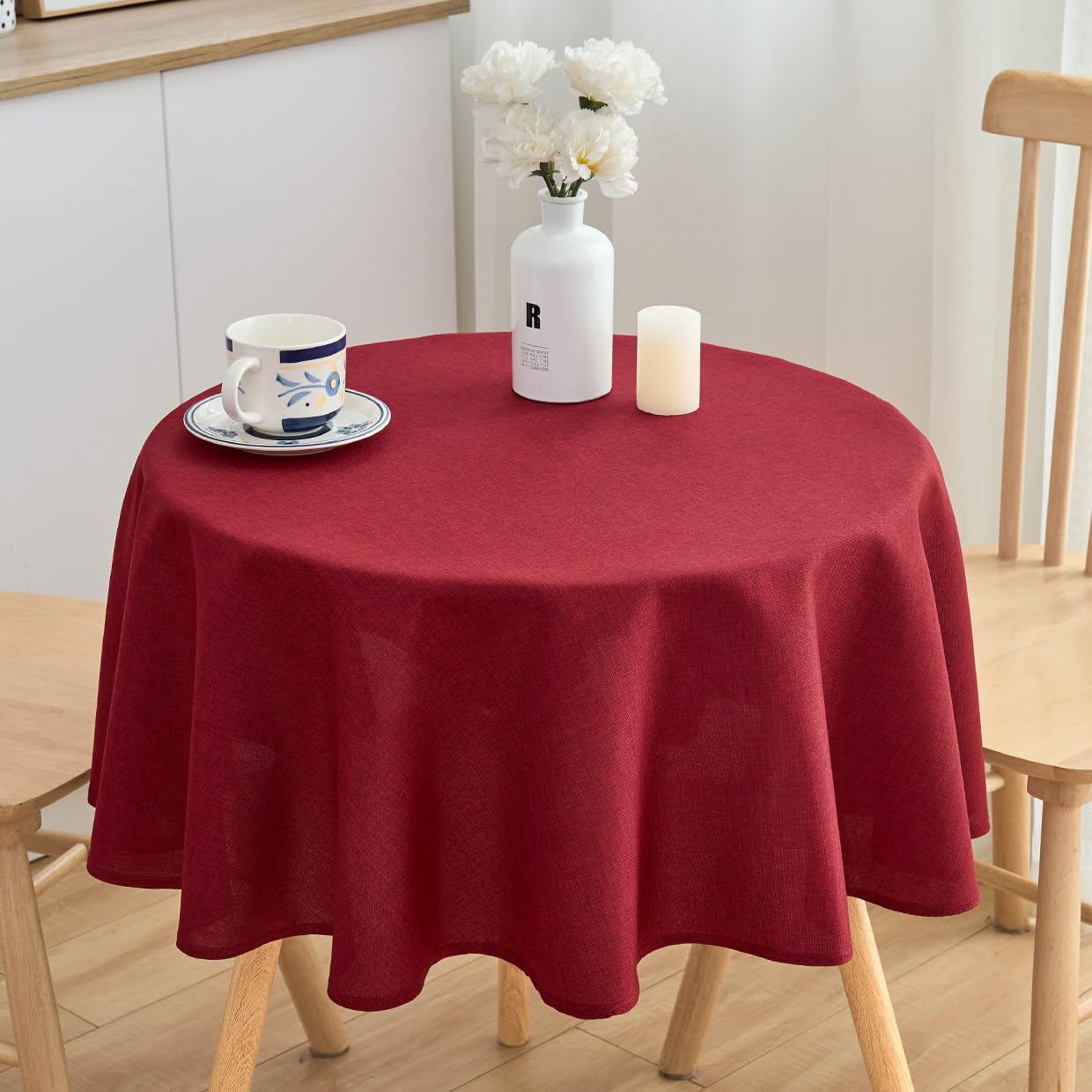 SPRICA Round Tablecloth 120cm Diameter Water Resistant Linen Texture Spill Proof Table Cover Solid Colour Circle Cover, Red