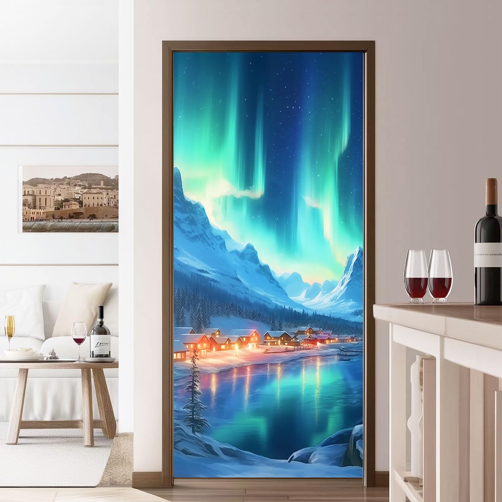 Natura krajobraz plakat naklejka na drzwi, samoprzylepna naklejka ścienna wzór zorza zorza wiejska góry, niebiesko-zielone naklejki na drzwi z PCV do sypialni salon kuchnia, 95x215 cm