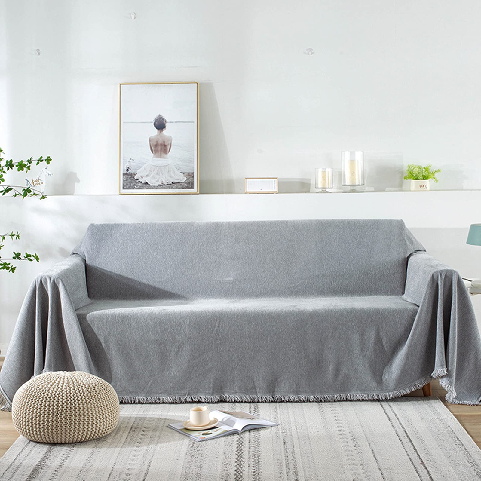 Housse de canapé en chenille gris clair 180x340 cm pour salon élégant