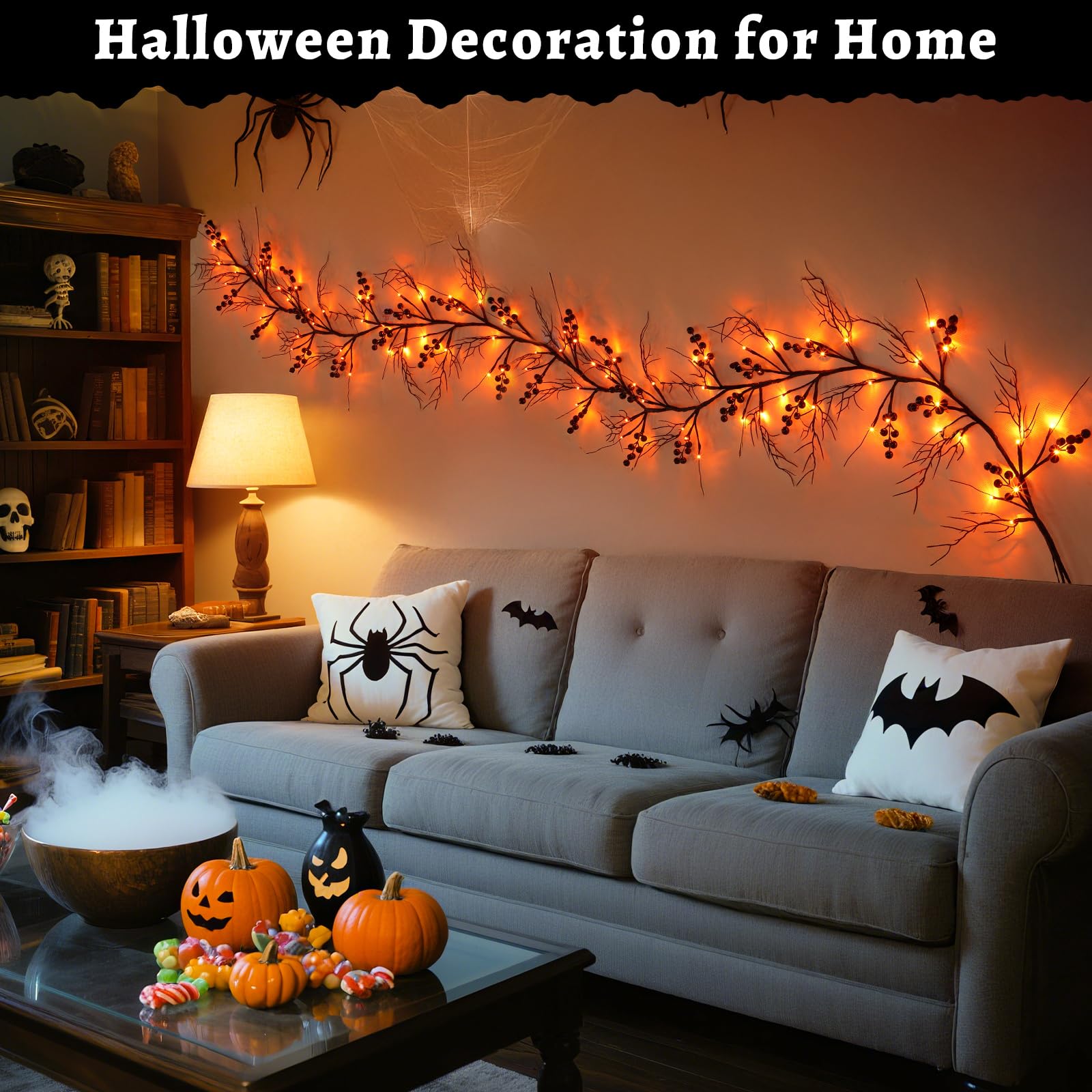 Krissing 6Ft 57 LED Halloween Willow Vine Twig Garland with 19 Pumpkins Orange Lights - Waterproof Battery Operated Indoor/Outdoor Lights Home Indoor Wall Fireplace Mantle Halloween Decor