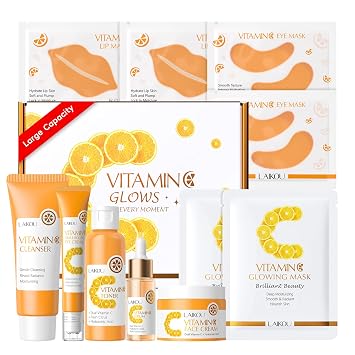 LAIKOU Vitamin C Skin Care, Skin Care Set, Face Mask, Eye Mask, Lip Mask with Serum, Cleanser, Toner, Eye Cream, Essence Cream for Women Teen Girls Mom Daughter Mothers Day Christmas Birthday