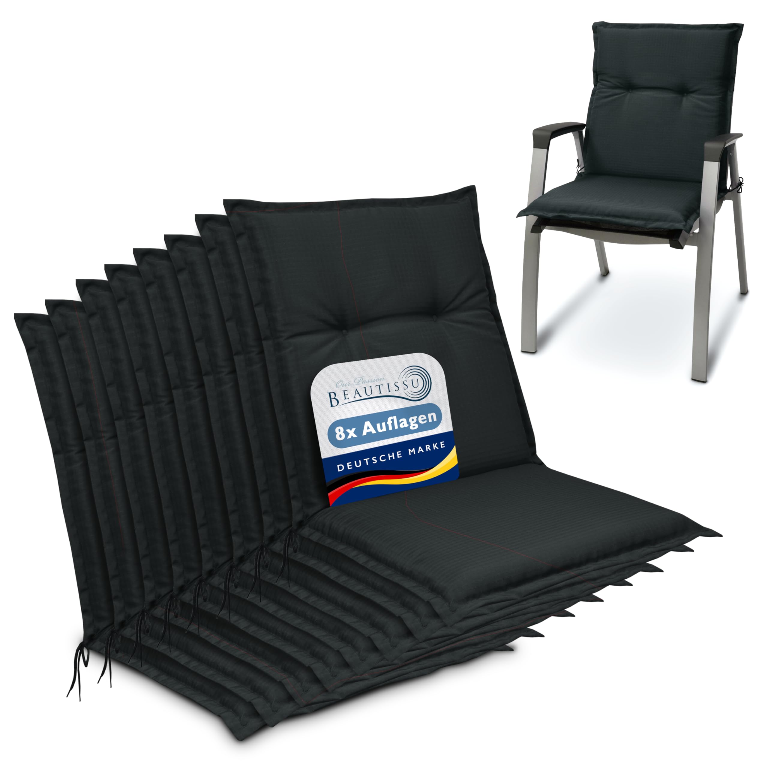 Beautissu Set of 8 Outdoor Garden Chair Cushions with Backs Low 100x50x6 cm - Anthracite Seat Cushions for Garden Chairs Patio Furniture Recliner Rattan - Soft Foam Core - Base NL