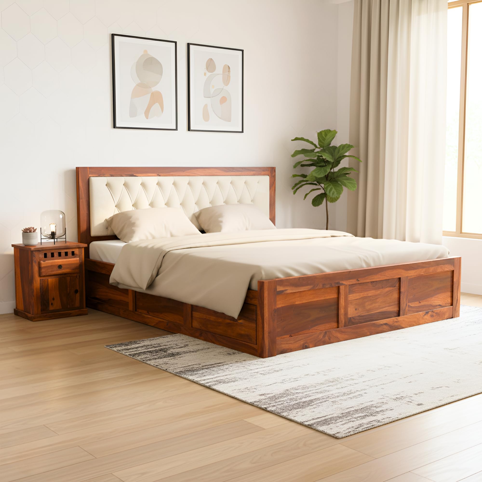SONA ART & CRAFTS Zeus Solid Sheesham Wood Queen Size Bed with Storage Box | Upholstered Beds Cushioned Double Bed with Box | Queen Size Cot for Home - Natural Finish (Assembly Included)