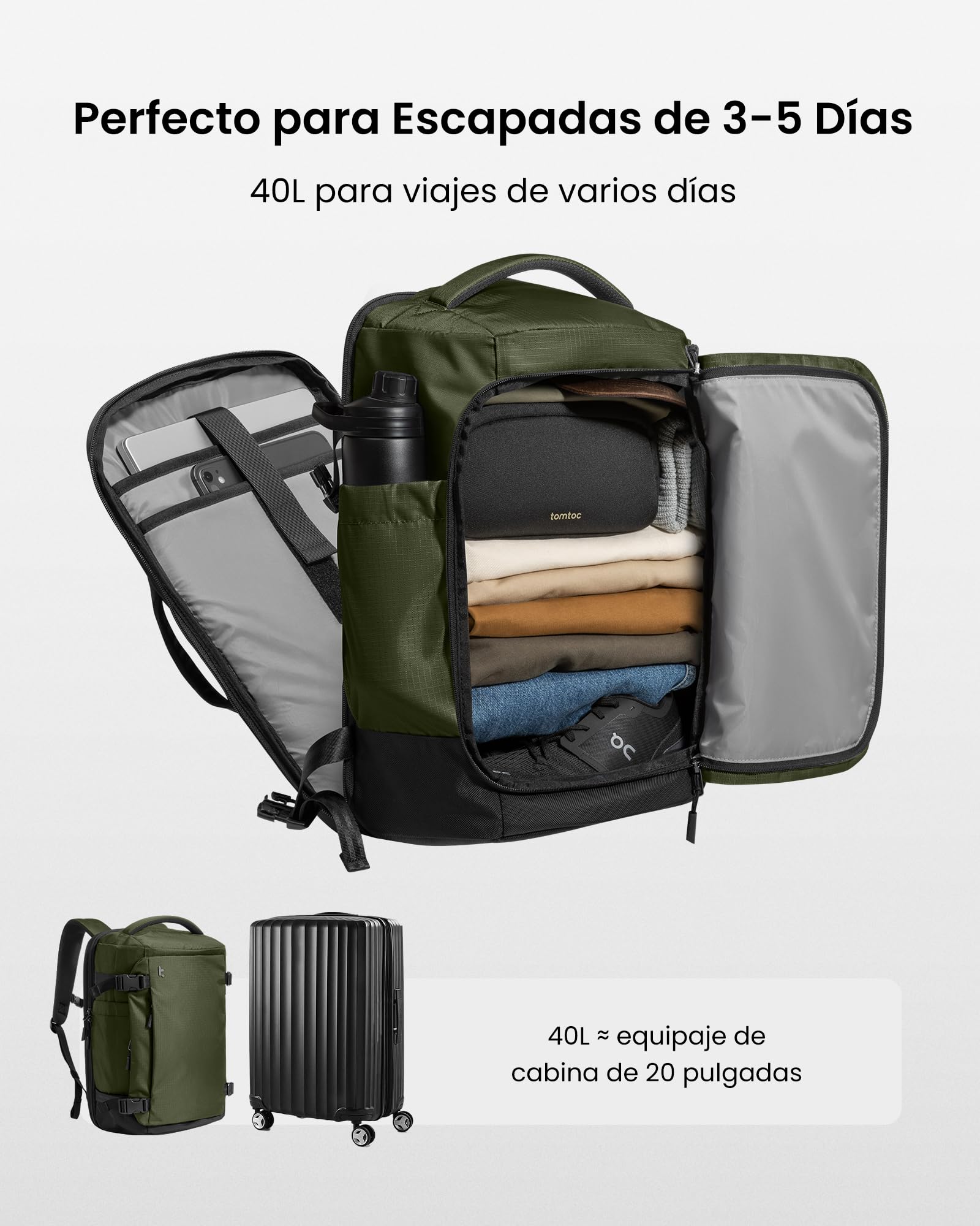tomtoc Mochila de Viaje 40L, Mochila Viaje Cabina Avion TSA, Mochila Equipaje de Mano Impermeable, Business Travel Backpack Ligera para Portátil 17,3" Hombre Mujer, Grande Weekender Travel Backpack