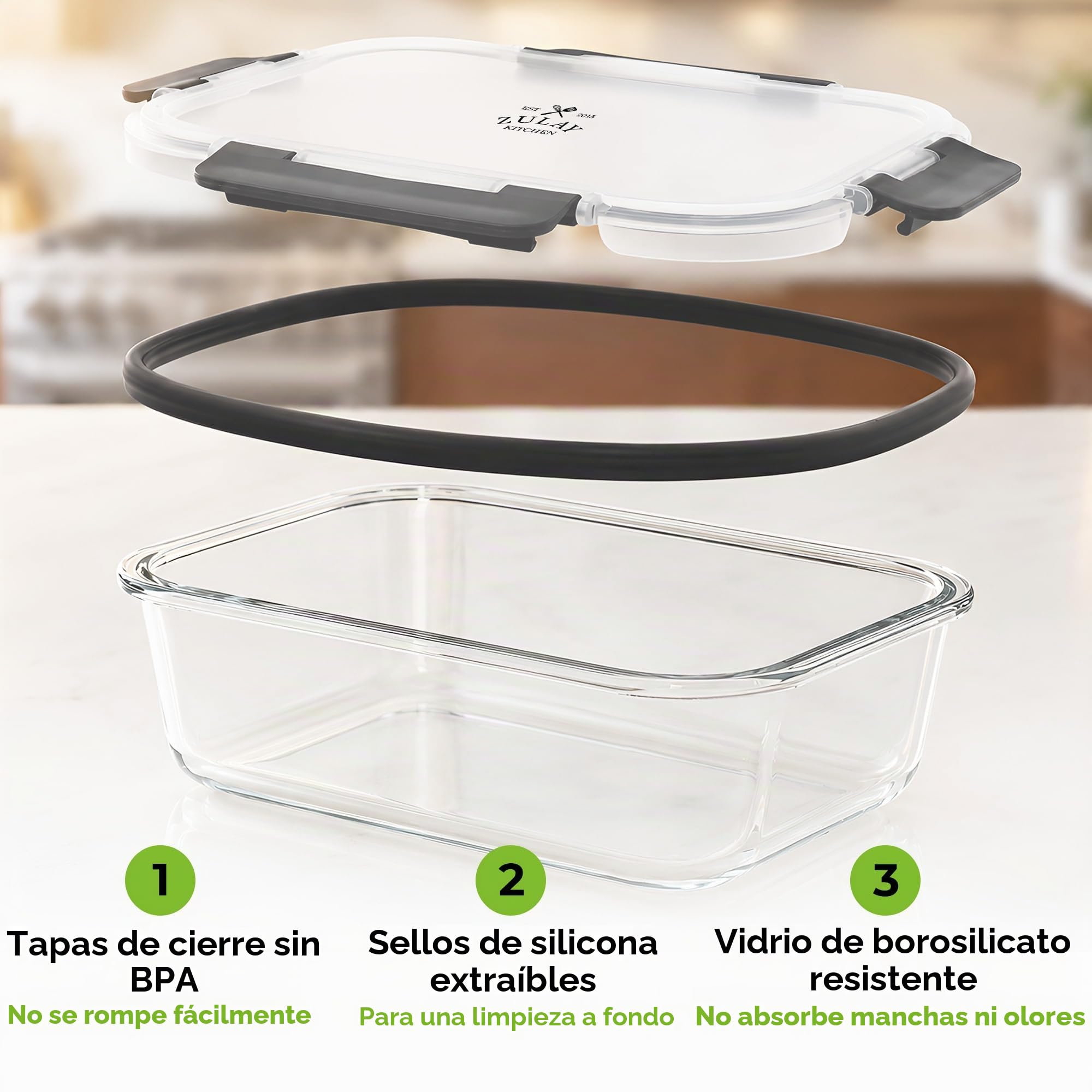 Zulay Kitchen - Paquete de 5 recipientes de almacenamiento de alimentos de vidrio a prueba de fugas, 36 onzas de grosor, herméticos y duraderos, recipientes de preparación de comidas de vidrio
