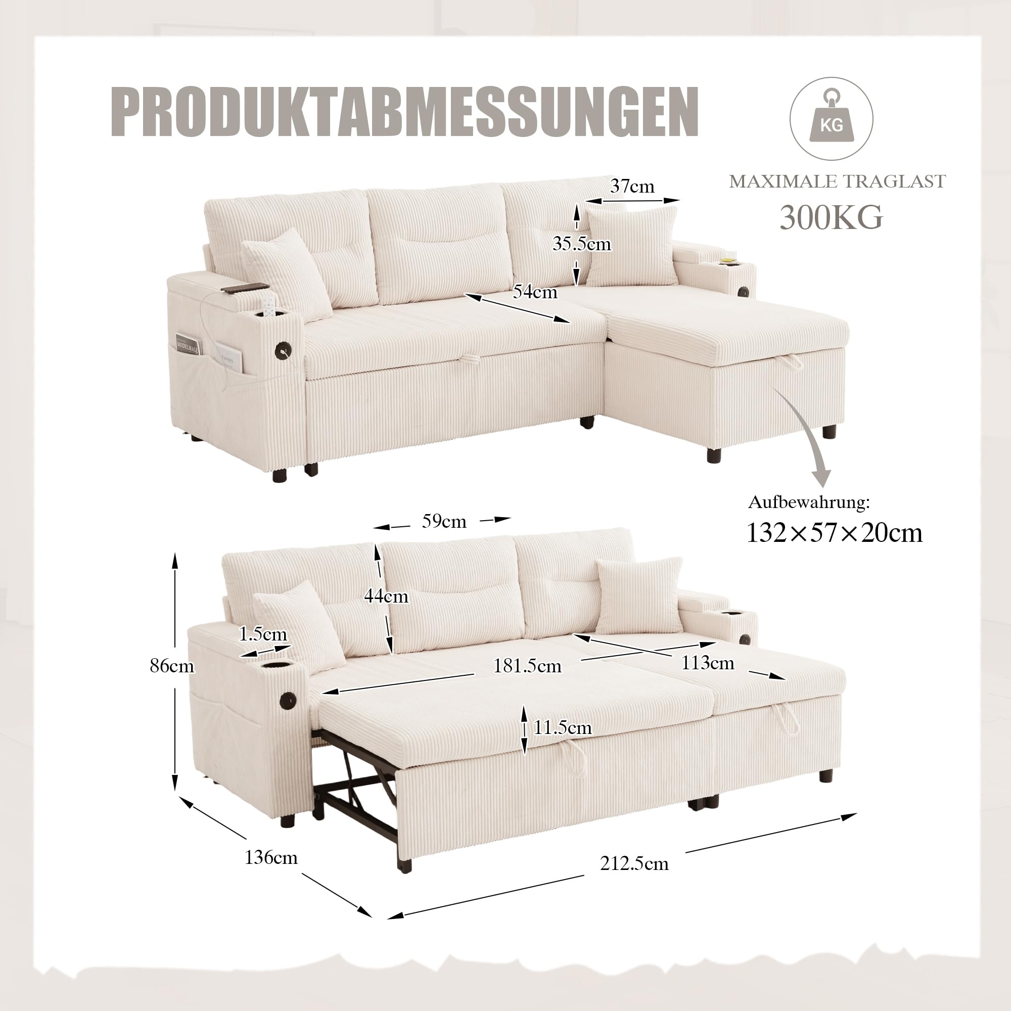 Sofá de 3 plazas con función de cama, chaise longue, espacio de almacenamiento, USB-C, sofá de pana, hidráulico, cama con cajón, soporte para bebidas