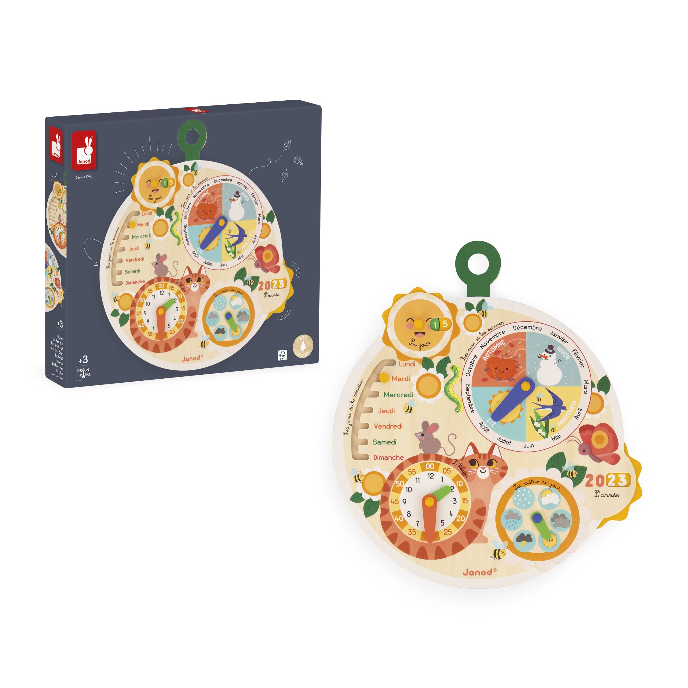 Janod Roue du Temps en Bois FSC Calendrier Éducatif Enfant Jeu Éducatif Jouet en Bois FSC Dès 3 Ans
