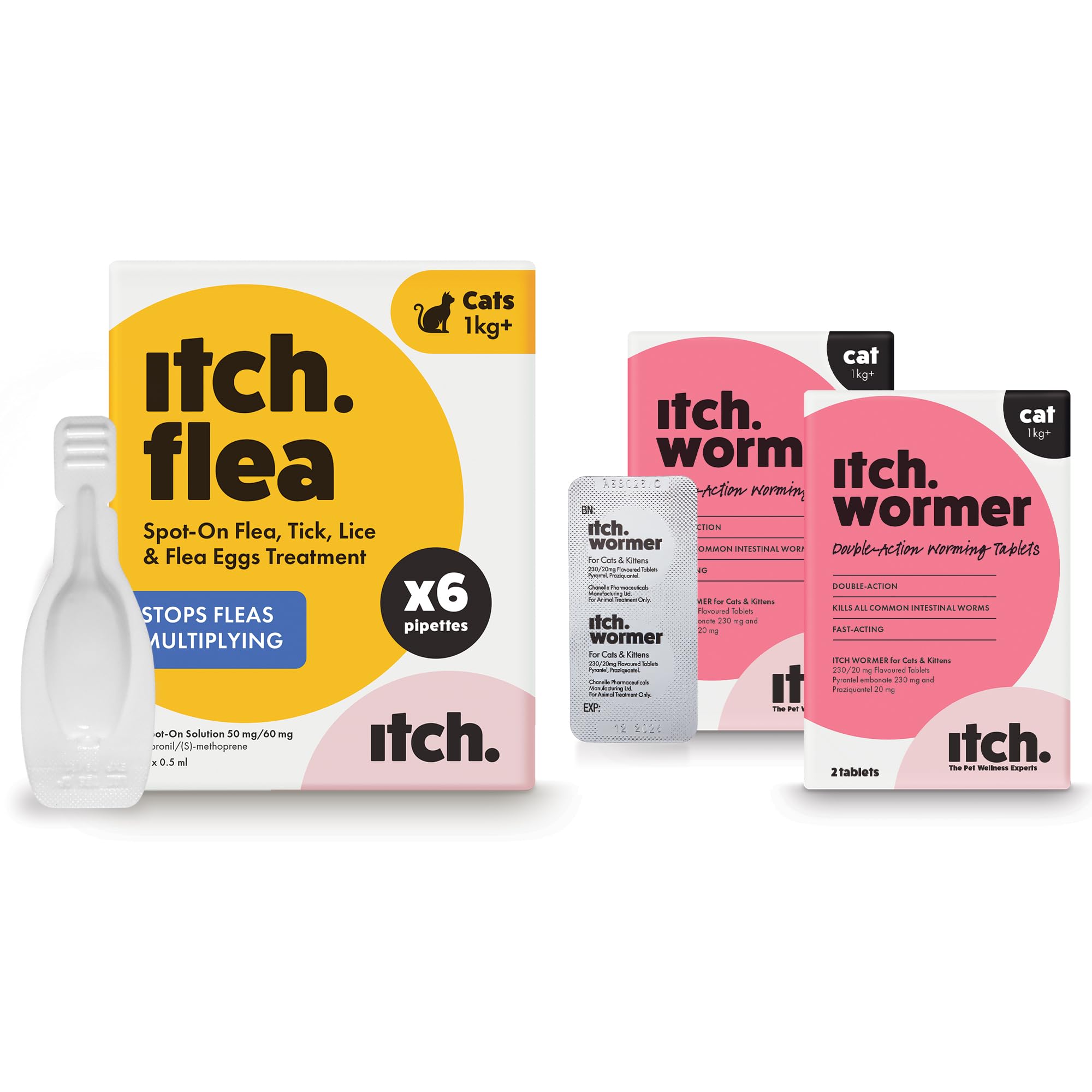 Itch - Cat Flea and Wormer Bundle for 1kg+ Cats - 6 Flea Treatment Pipettes and 4 Worming Tablets