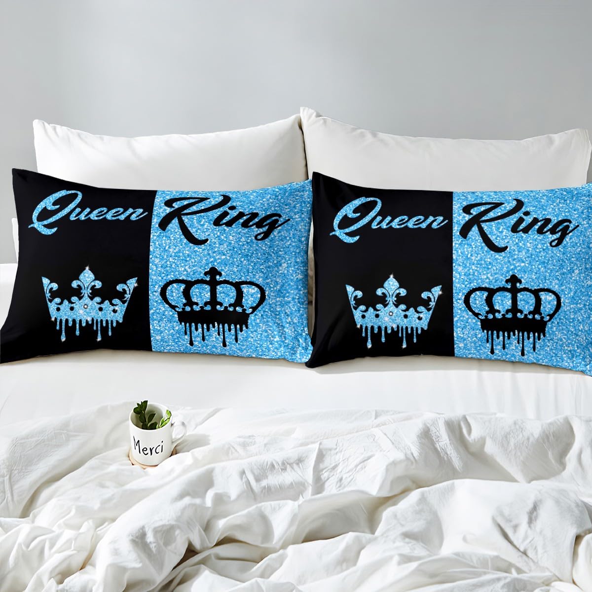 Homemissing Black and Blue Crown King and Queen Duvet Cover King Size for Adults Couple Men Women,Valentine'S Day Wedding Gifts,His and Hers Quilt Cover 2 Pillowcases Bedroom Decor(No Glitter) - Image 4