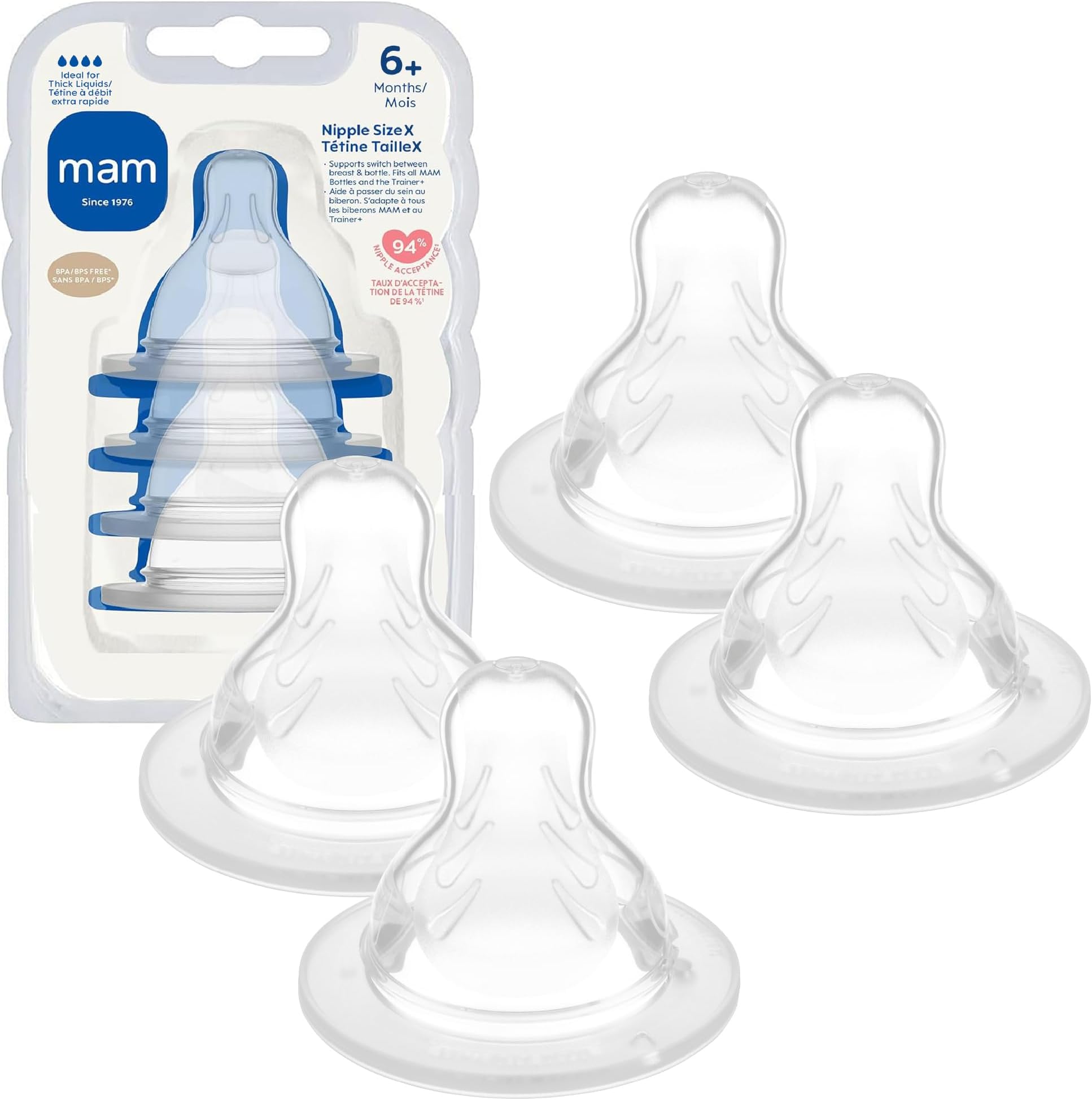 Bottle Nipples Extra Fast Flow Nipple Level 4, for 6+ Months, SkinSoft Silicone Nipples for Baby Bottles, Fits All MAM Bottles, 4 Pack